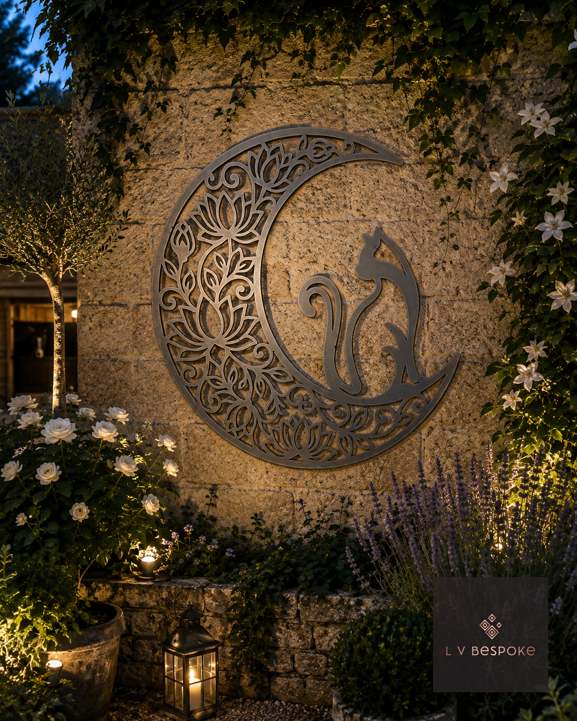 Raw steel Cat & Moon wall art hung on a garden wall