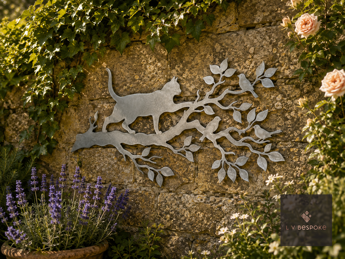 Raw steel Cat in Tree wall art hung on a garden wall