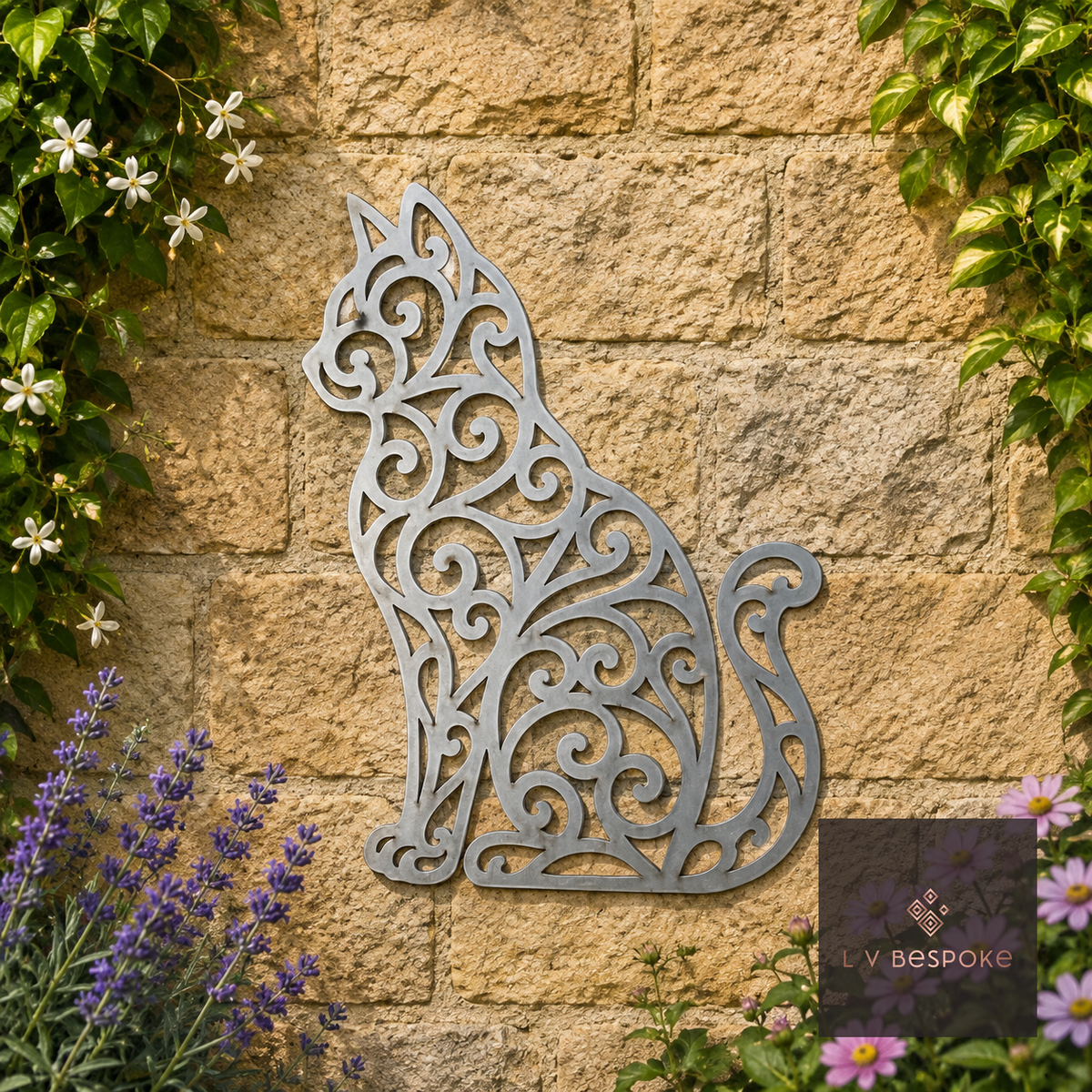 Raw steel Filigree Cat wall art hung on a garden wall