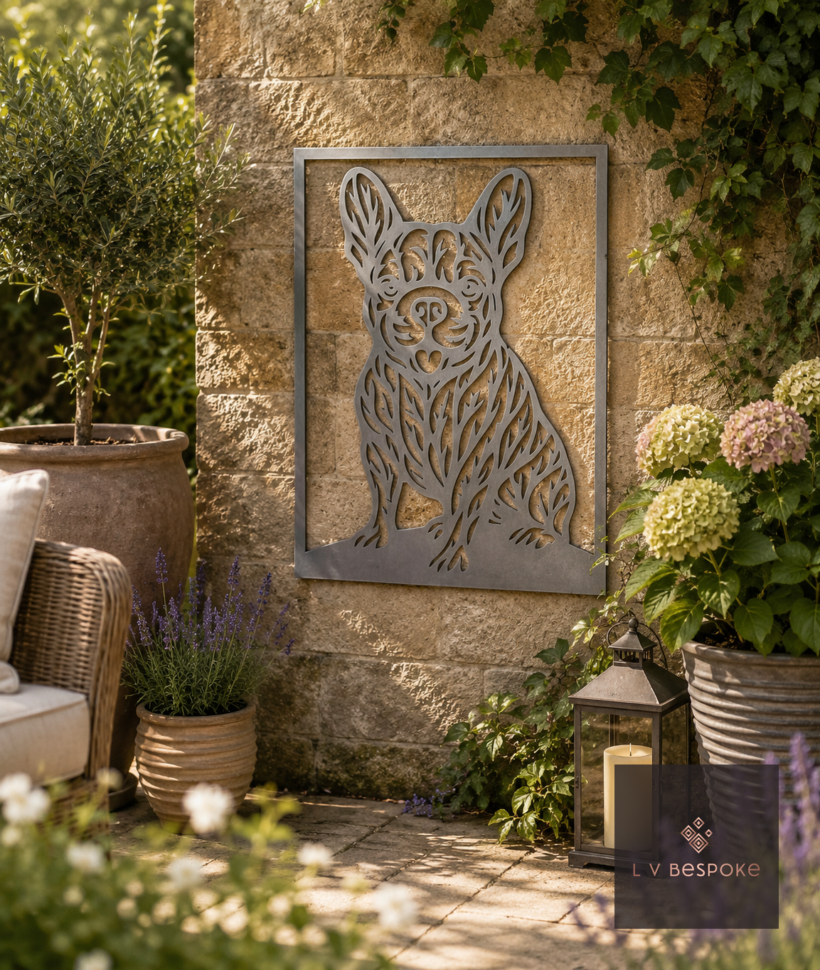 Raw steel French Bulldog (Framed) wall art hung on a garden wall