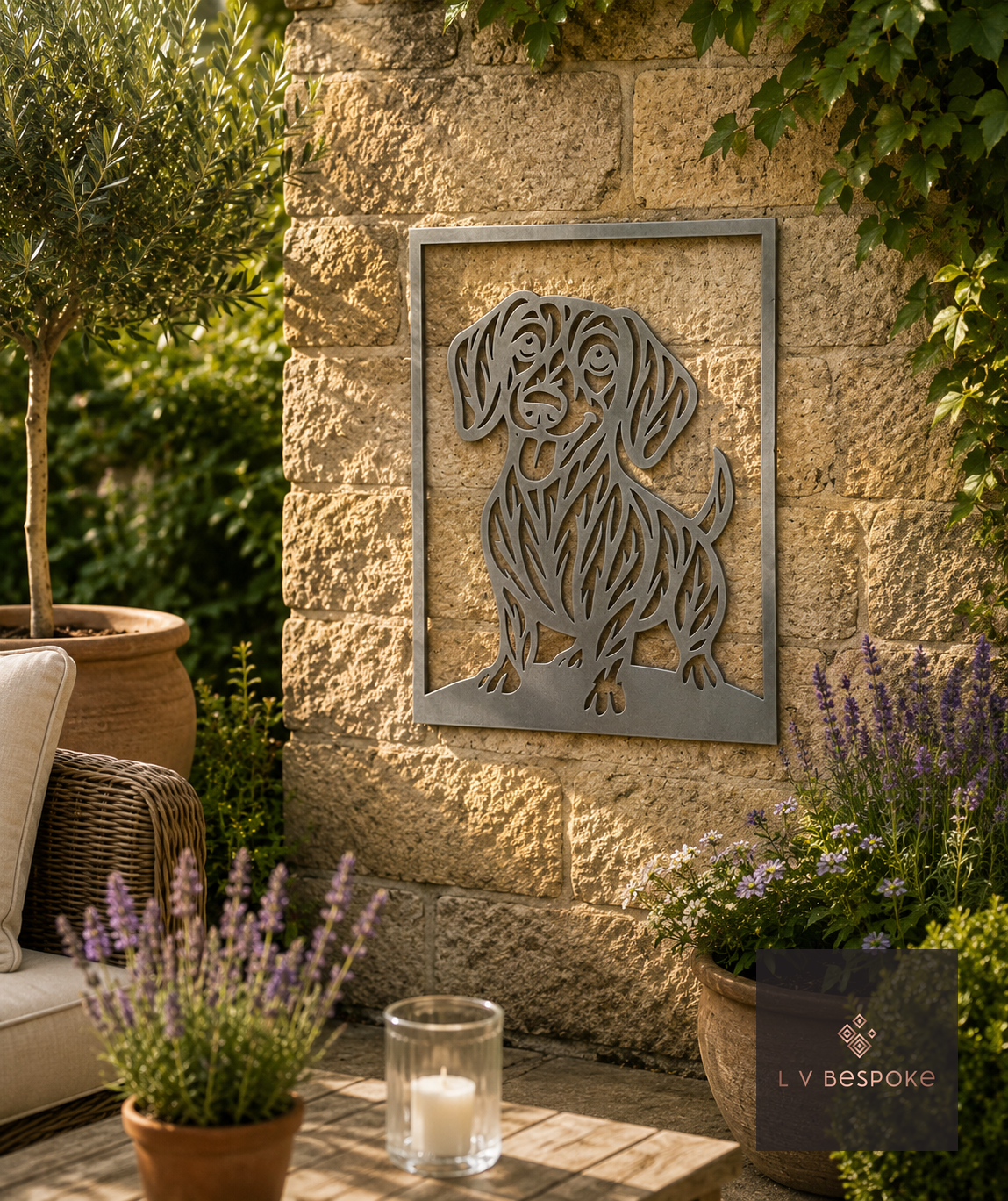 Raw steel Dachshund (Framed) wall art hung on a garden wall