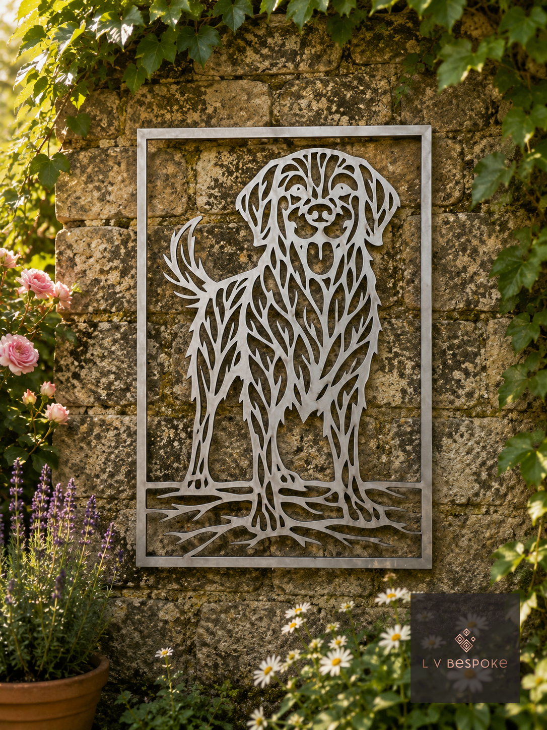 Raw steel Golden Retriever (Framed) wall art hung on a garden wall