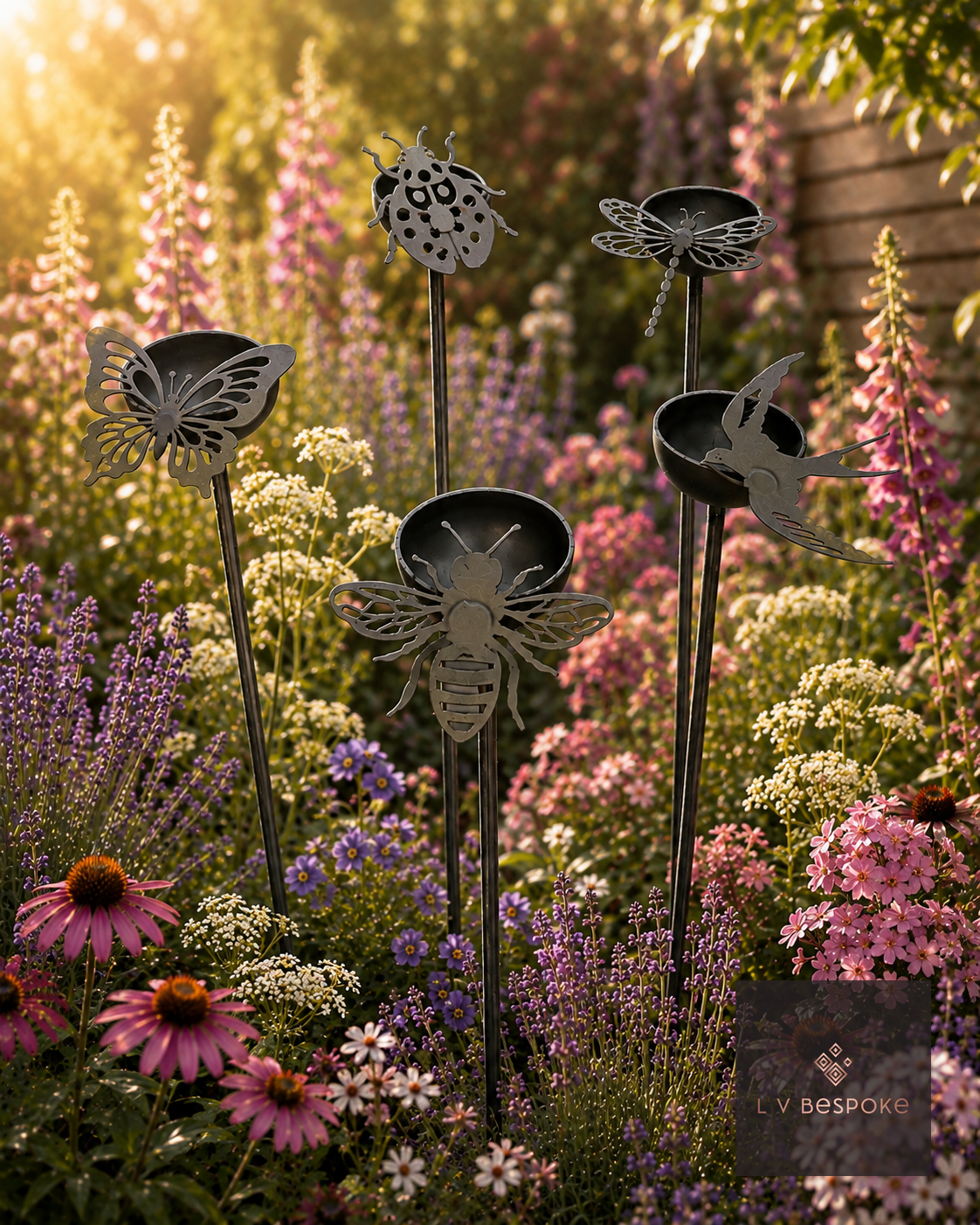 Raw steel Cuppy stakes with butterfly, bee, ladybird, dragonfly and swallow designs, planted in a flower border