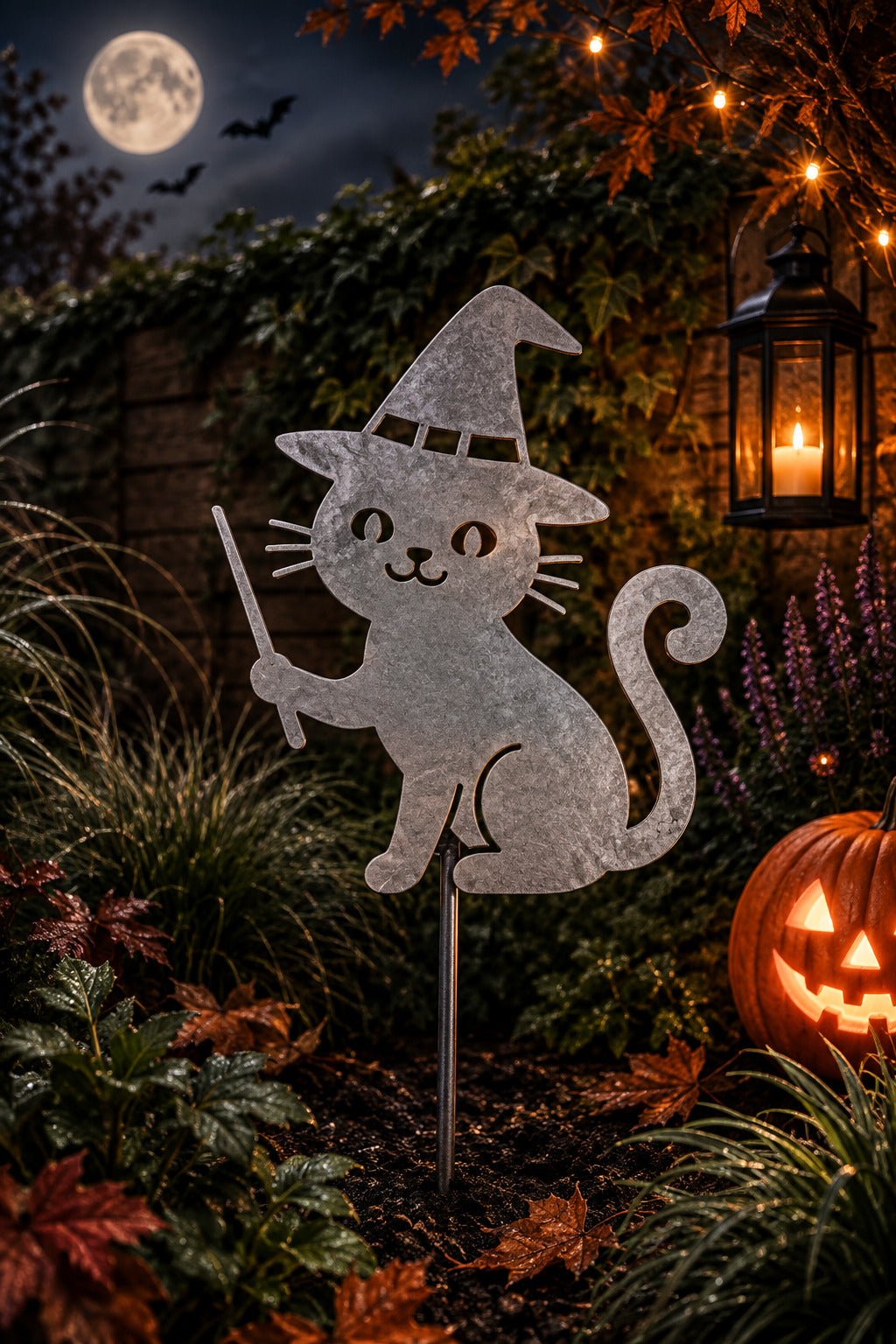 Raw steel cat Halloween garden stake in a pointed hat holding a wand