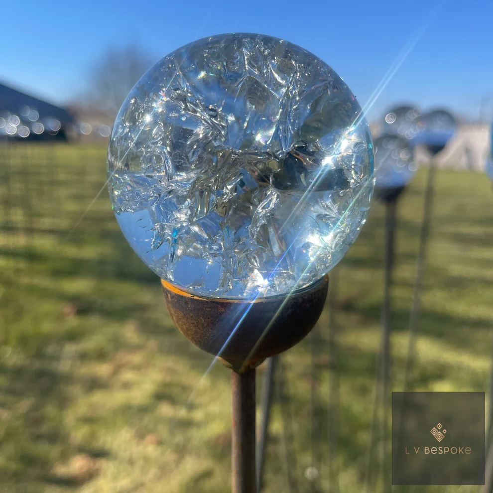 Glass orb garden stake, Cracked finish