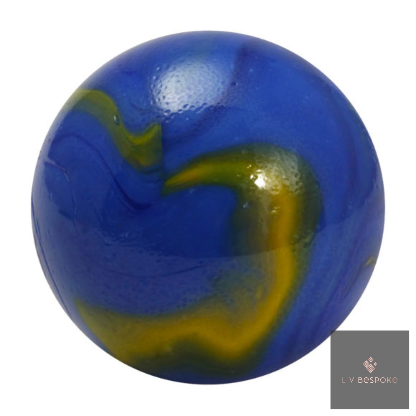 Blue and yellow marble with 'L V Bespoke' logo in corner