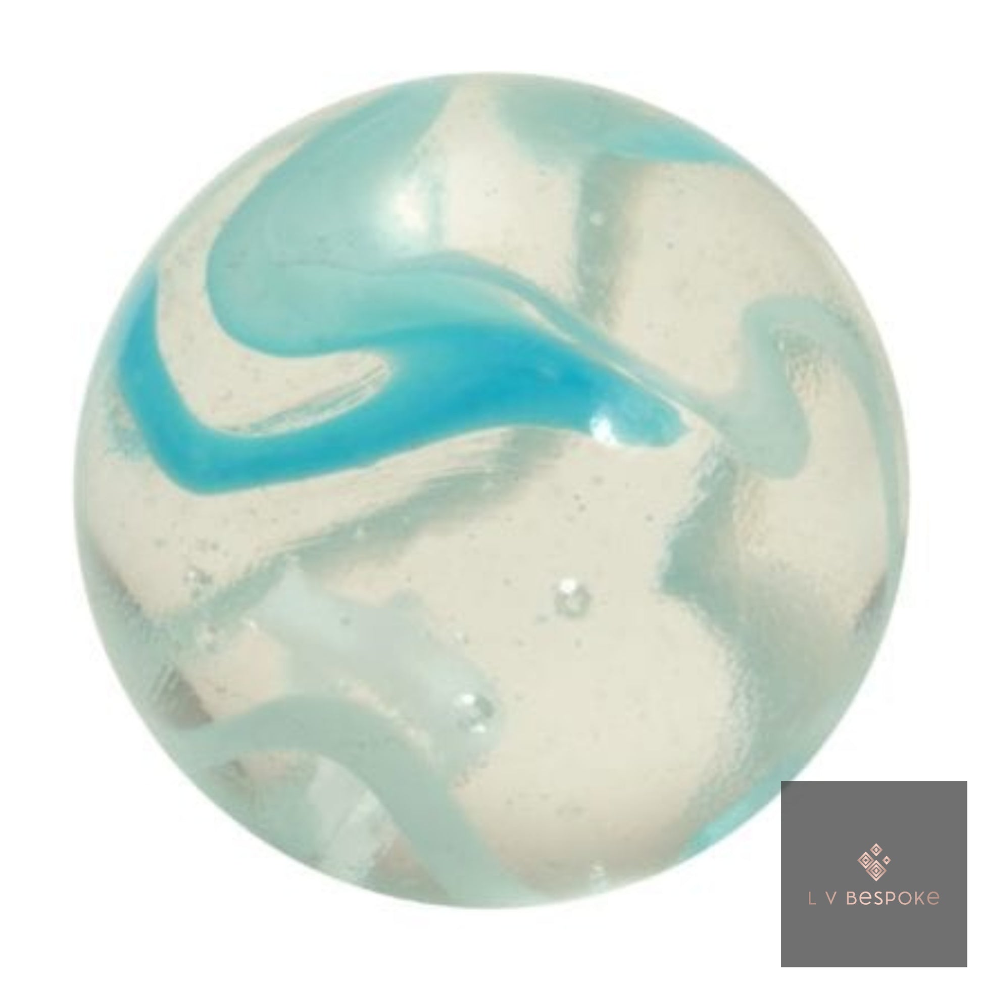 Marble with blue and white swirls on a white background, featuring the L V Bespoke logo.