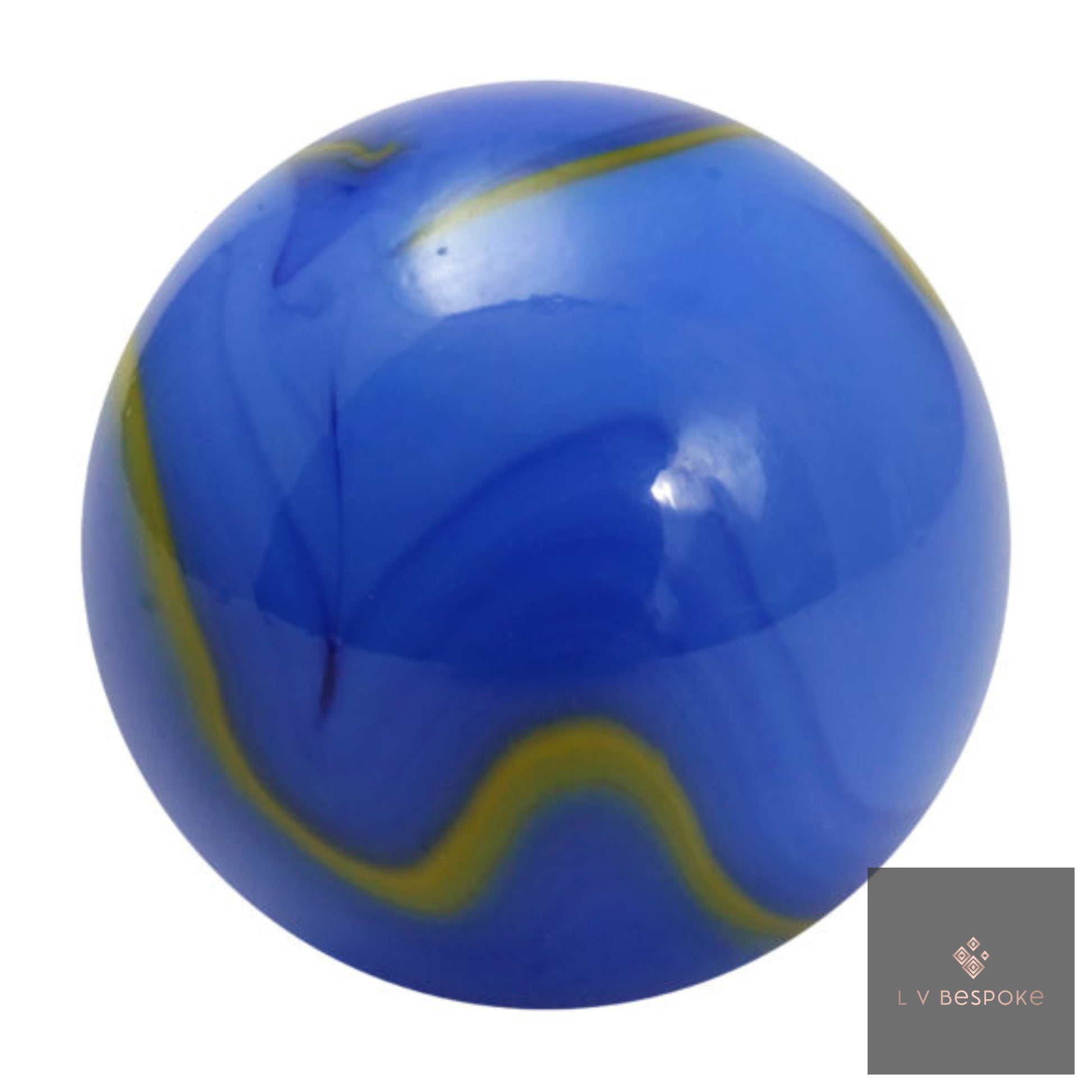 Blue marble with yellow swirls on a white background