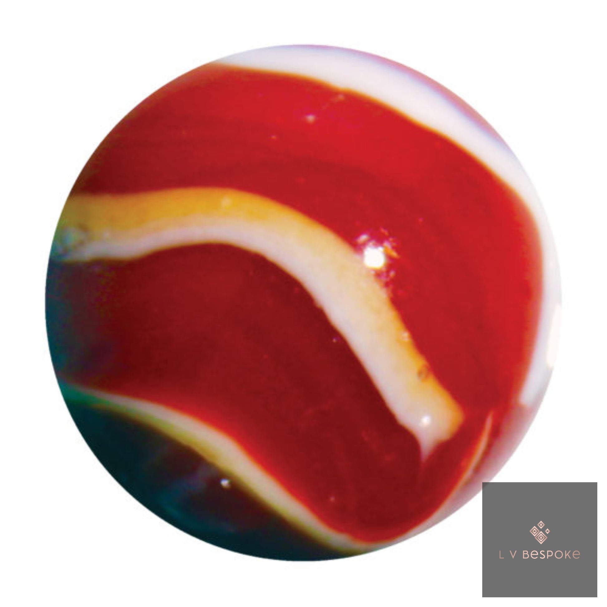 Colorful marble with red, yellow, and white swirls on a white background.