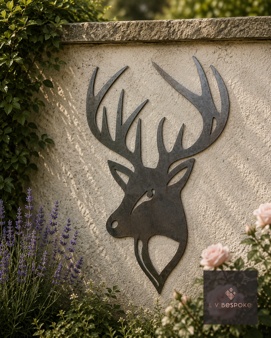 Raw steel Stag Head wall art hung on a garden wall