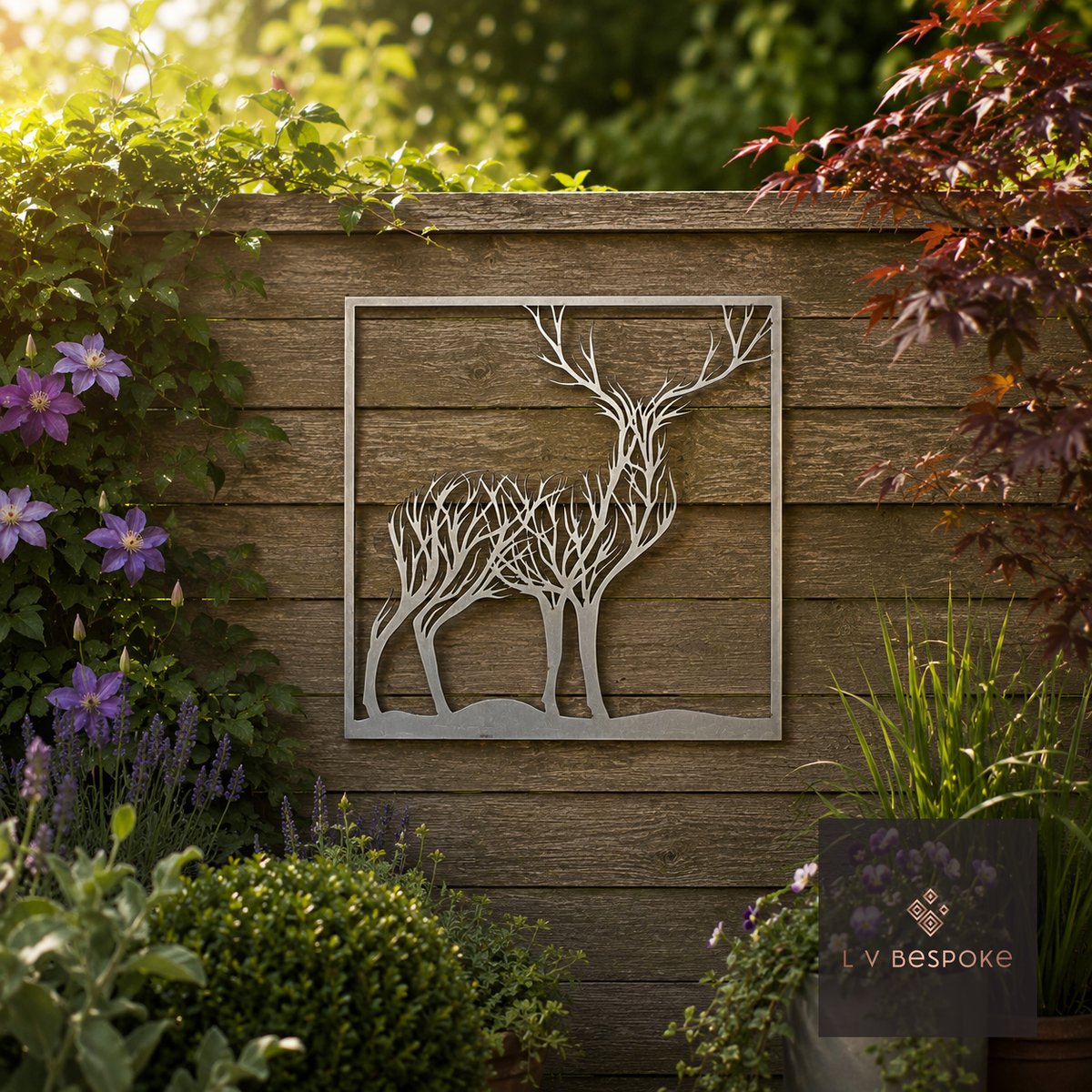 Raw steel Stag (Framed) wall art hung on a garden wall