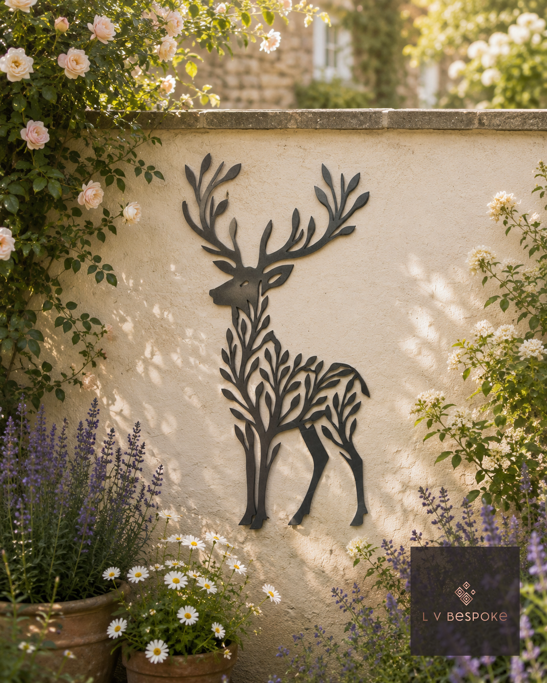 Raw steel Filigree Deer wall art hung on a garden wall