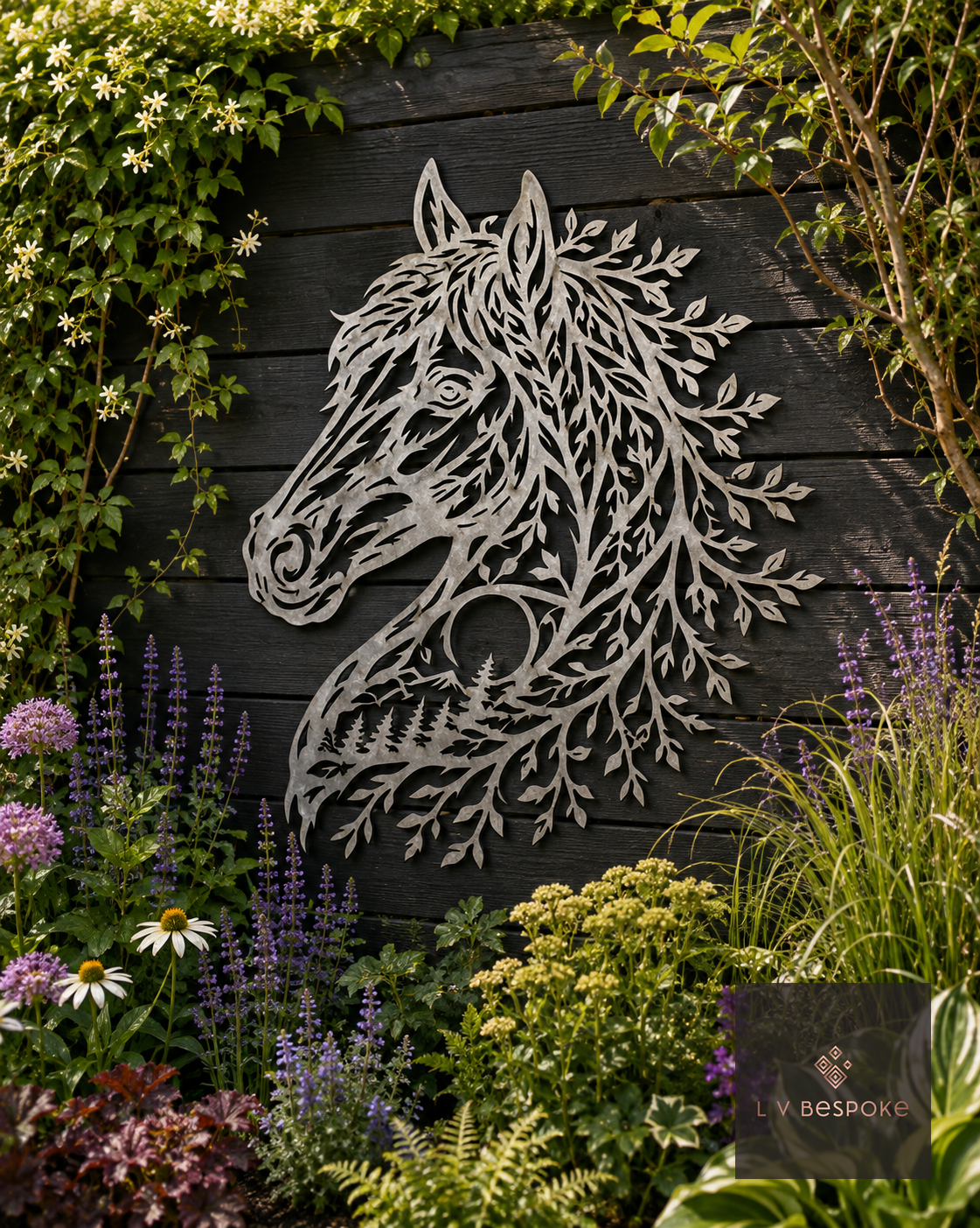 Raw steel Filigree Horse Head wall art hung on a garden wall