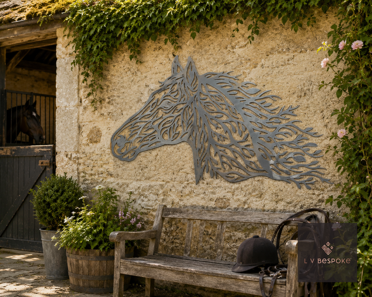 Raw steel Galloping Horse wall art hung on a garden wall