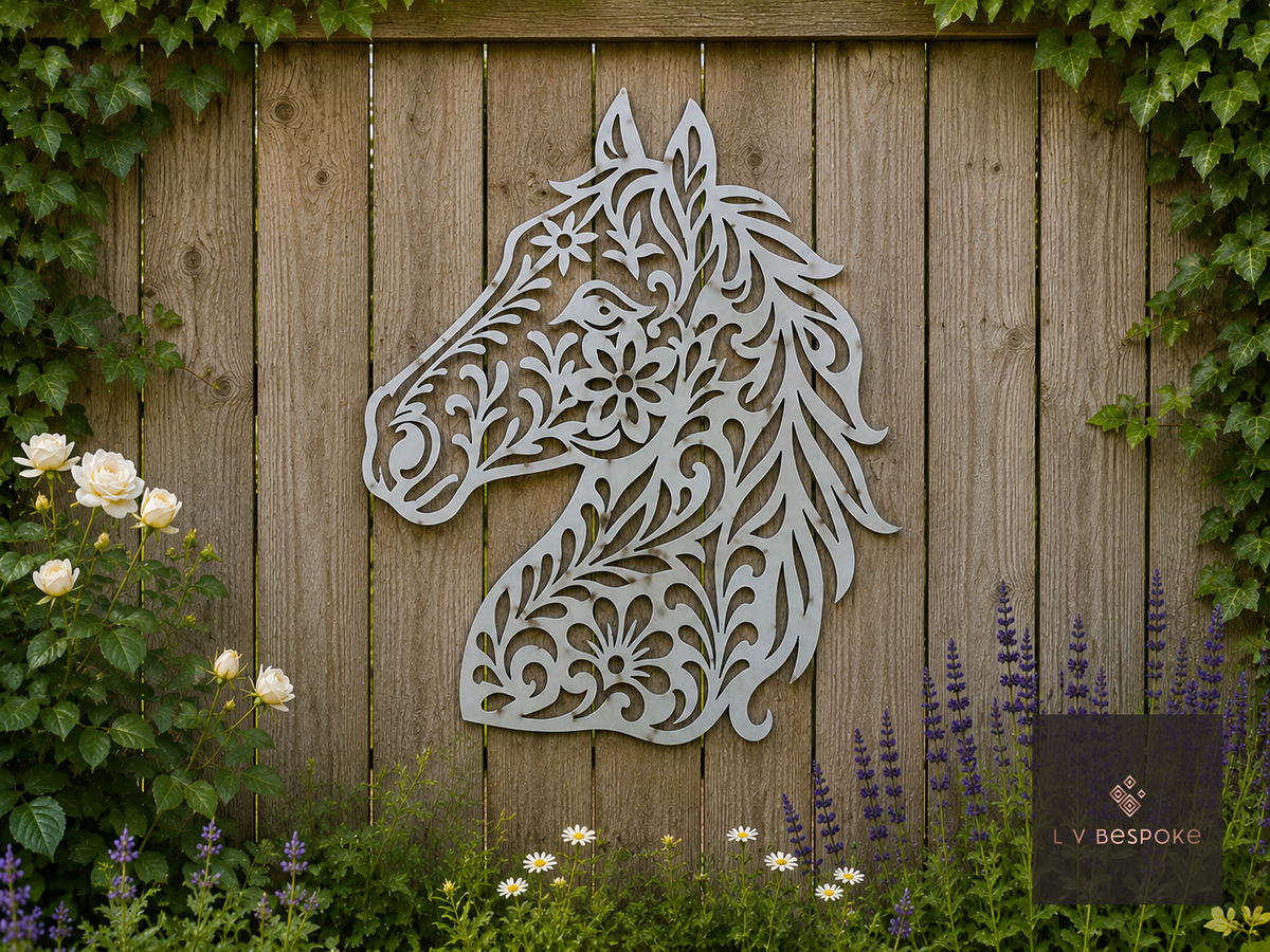 Raw steel Ornate Horse Head wall art hung on a garden wall