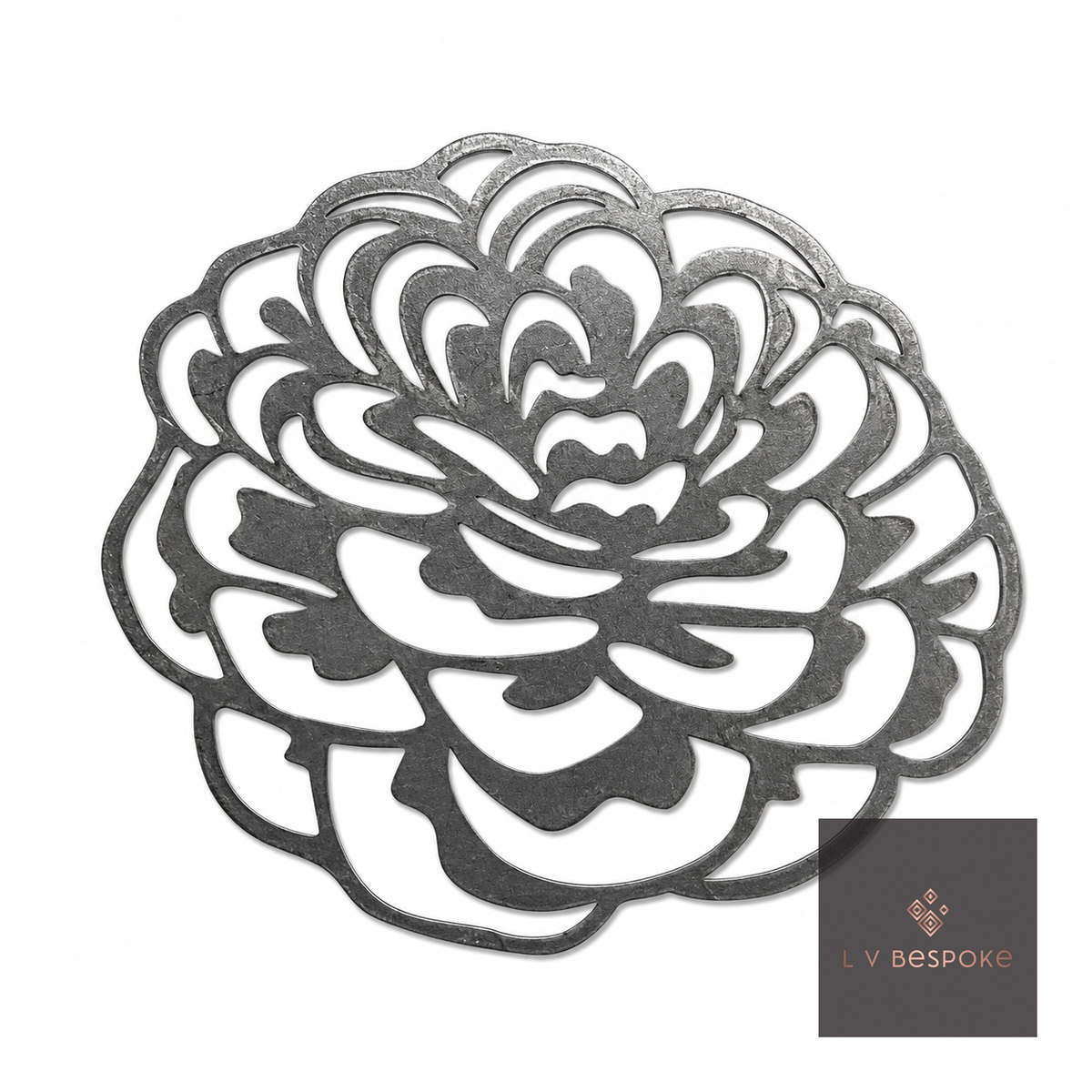 Raw steel Dahlia 1 flower head on a garden stake, planted in a border