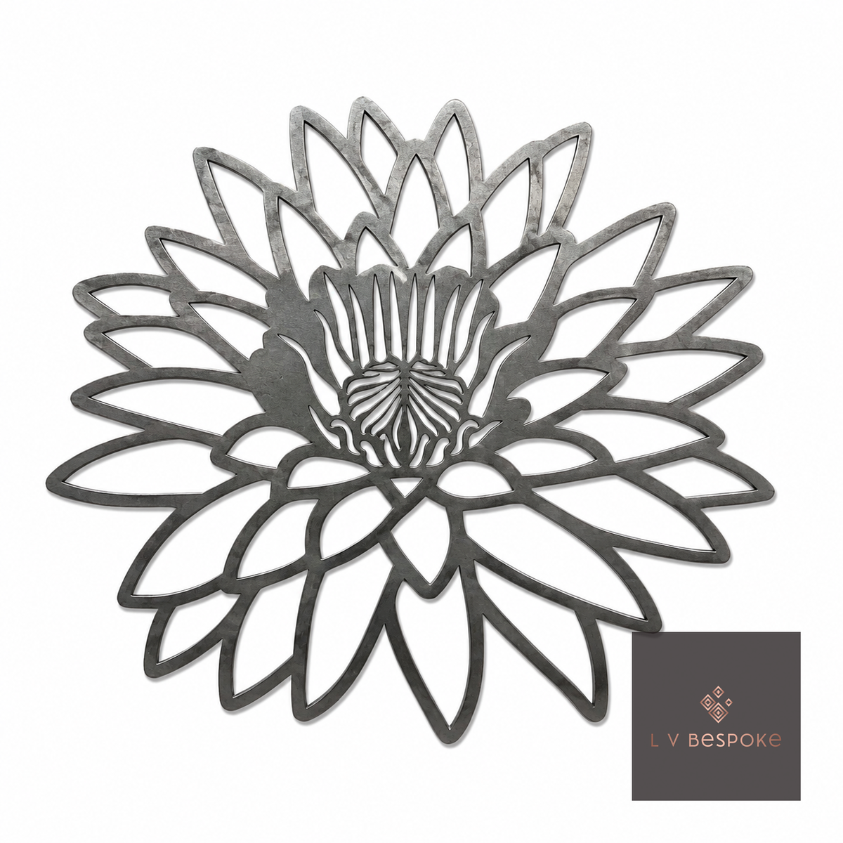 Raw steel Dahlia 3 flower head on a garden stake, planted in a border