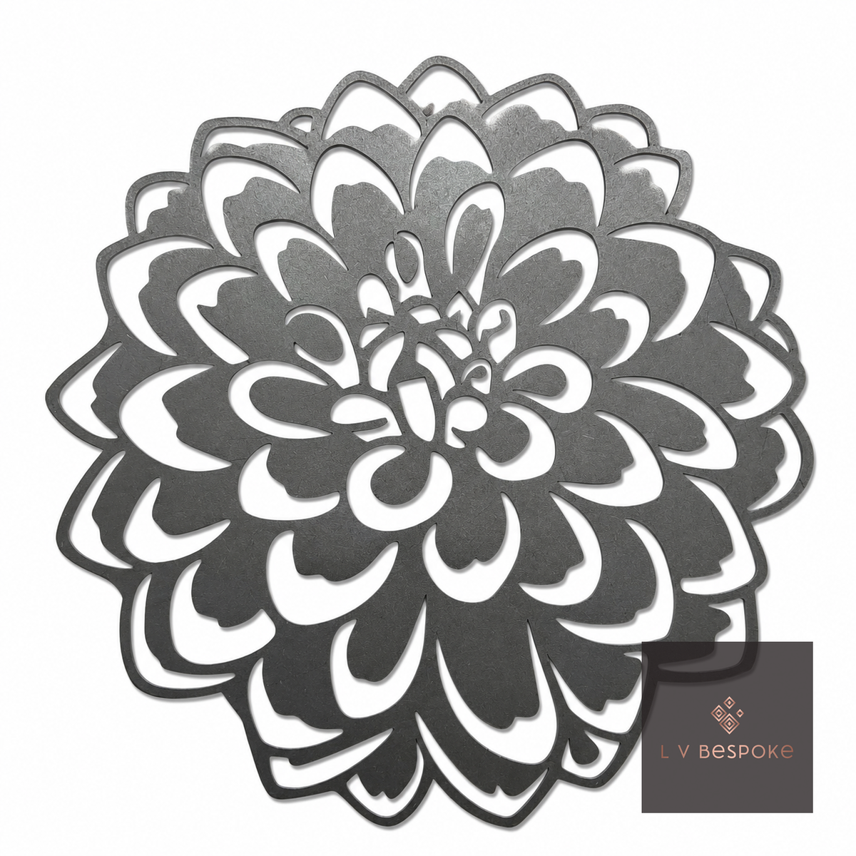 Raw steel Dahlia 4 flower head on a garden stake, planted in a border