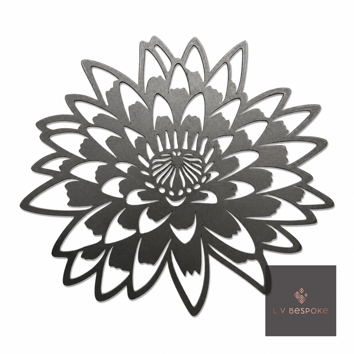 Raw steel Dahlia 5 flower head on a garden stake, planted in a border