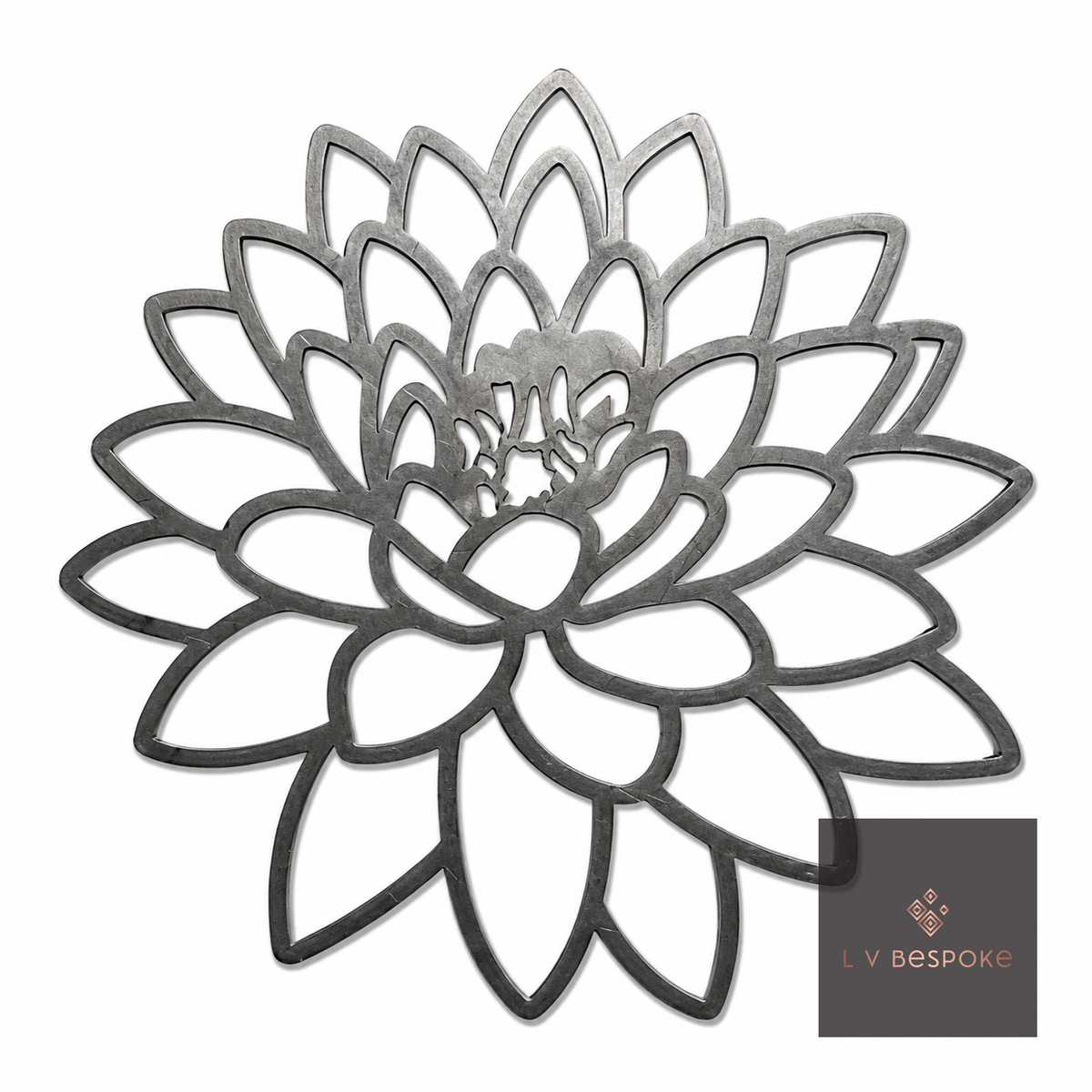 Raw steel Dahlia 6 flower head on a garden stake, planted in a border