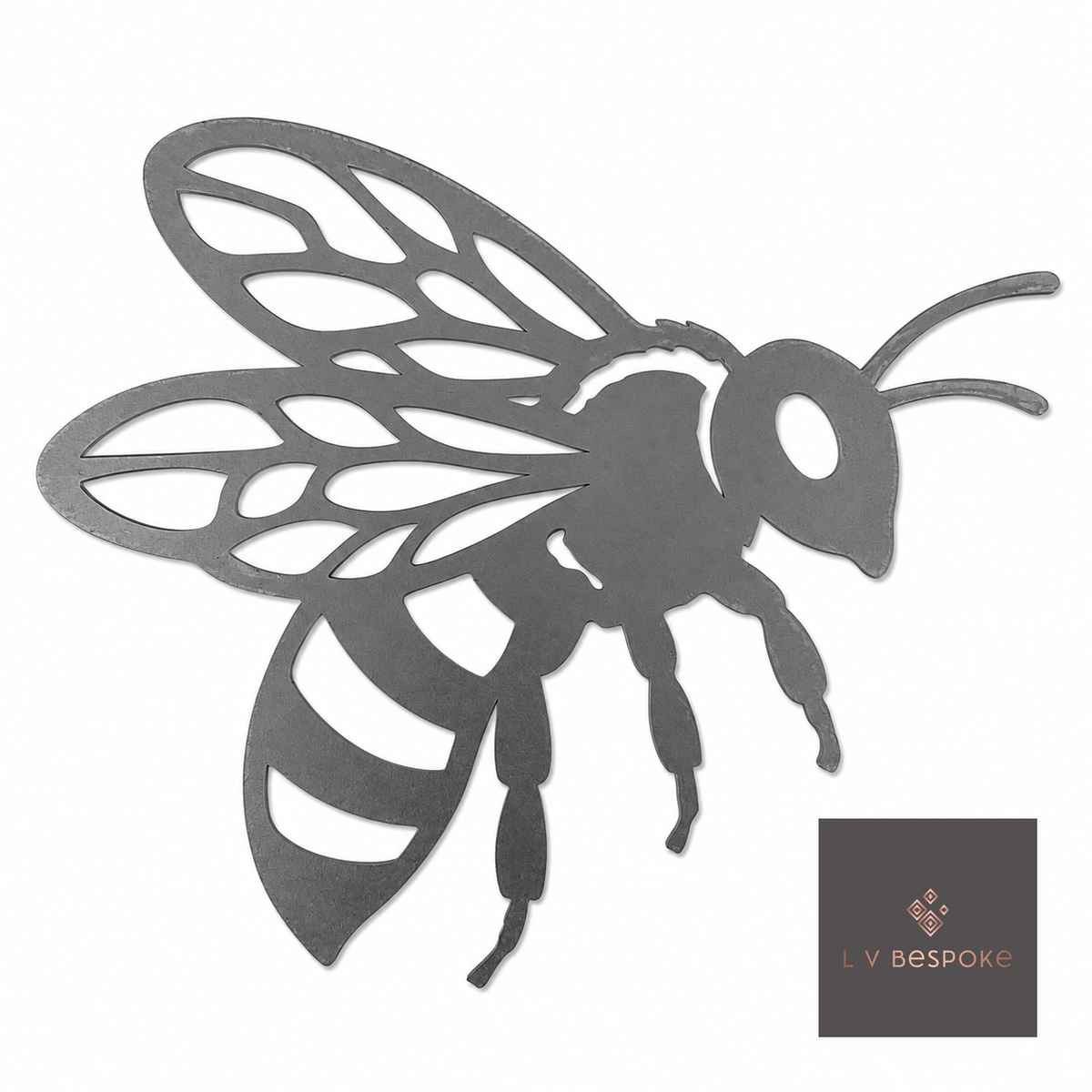 Raw steel bee design on a garden stake