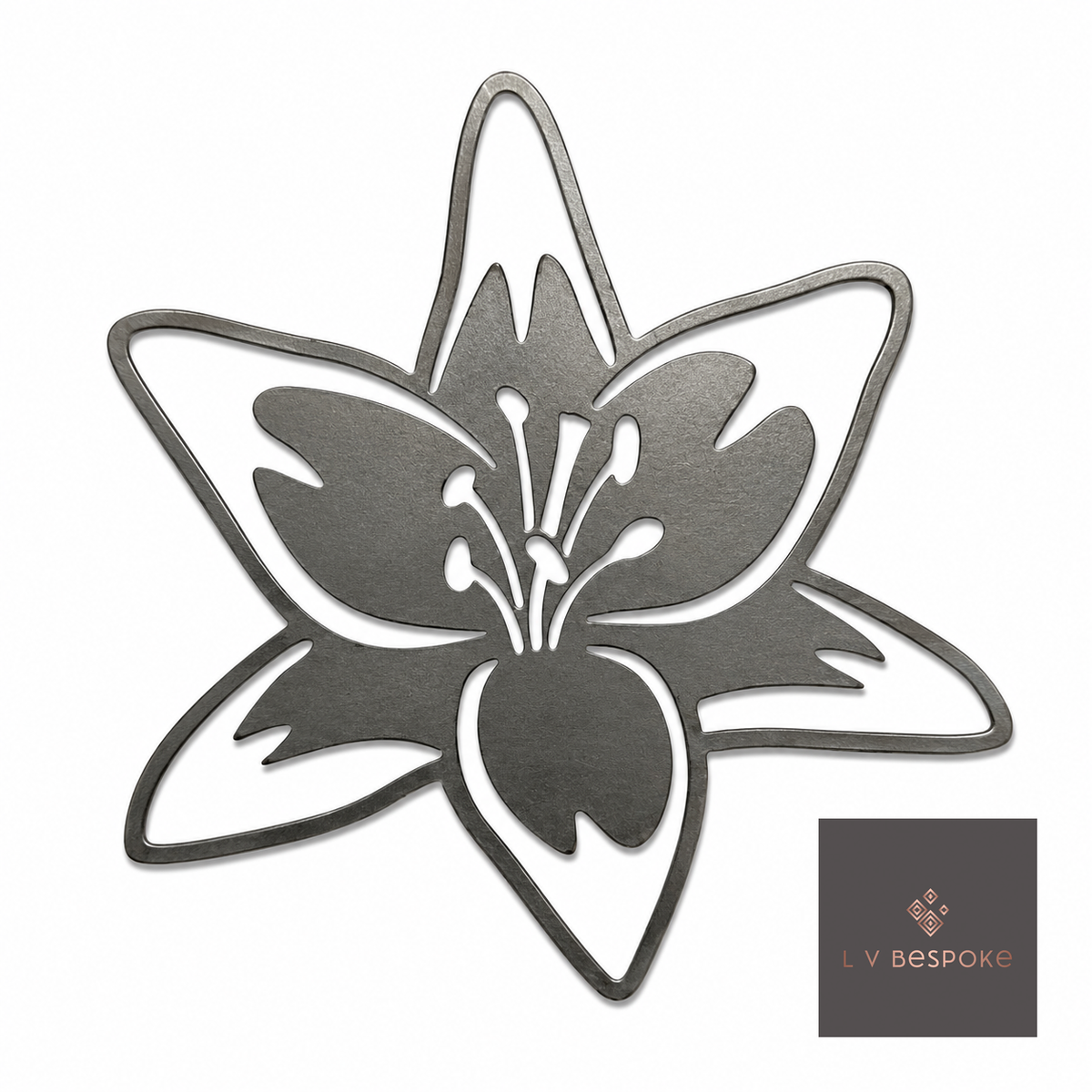 Raw steel Star Lily 2 flower head on a garden stake, planted in a border