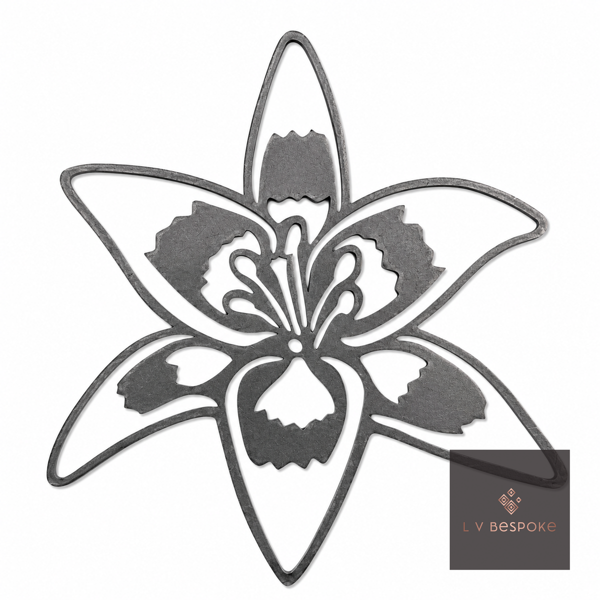 Raw steel Star Lily flower head on a garden stake, planted in a border