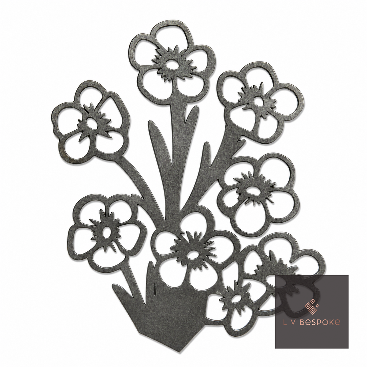 Raw steel Primrose flower head on a garden stake, planted in a border