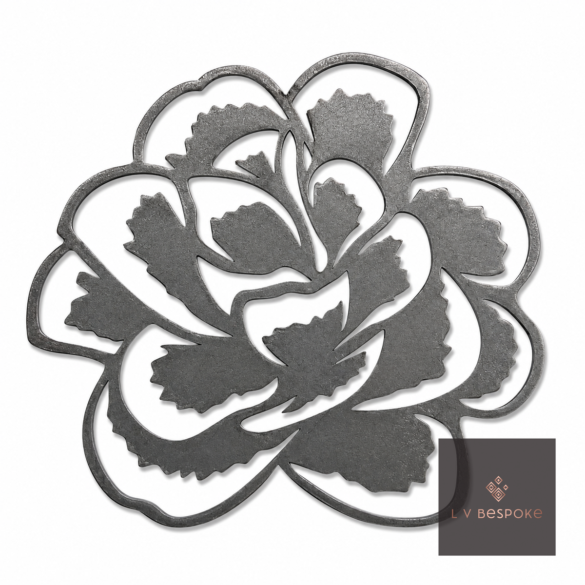 Raw steel Rose flower head on a garden stake, planted in a border