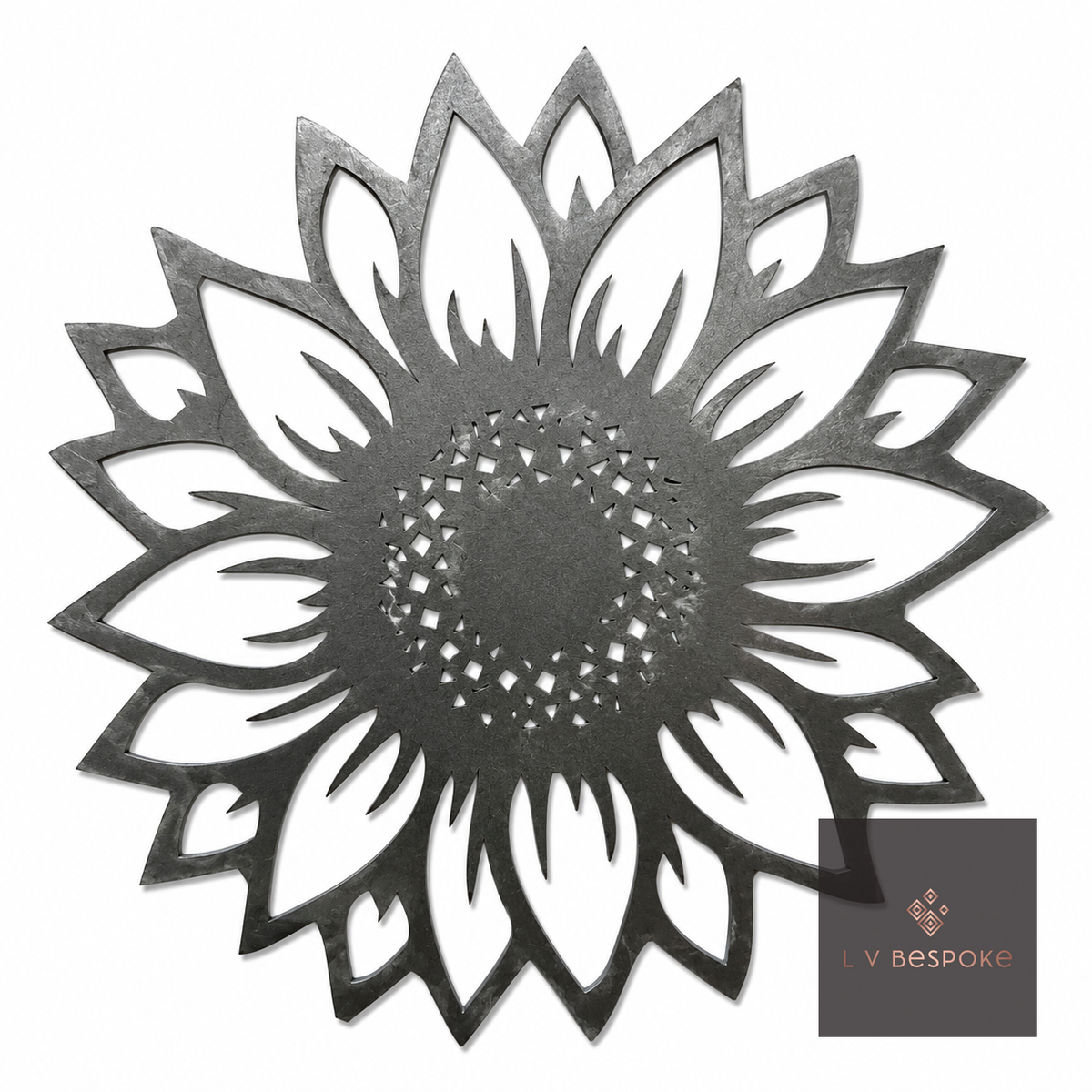 Raw steel Sunflower 3 flower head on a garden stake, planted in a border