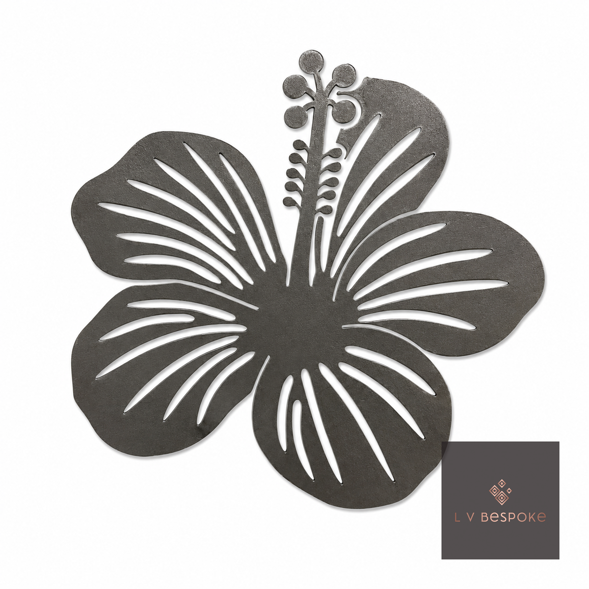 Raw steel Hibiscus flower head on a garden stake, planted in a border