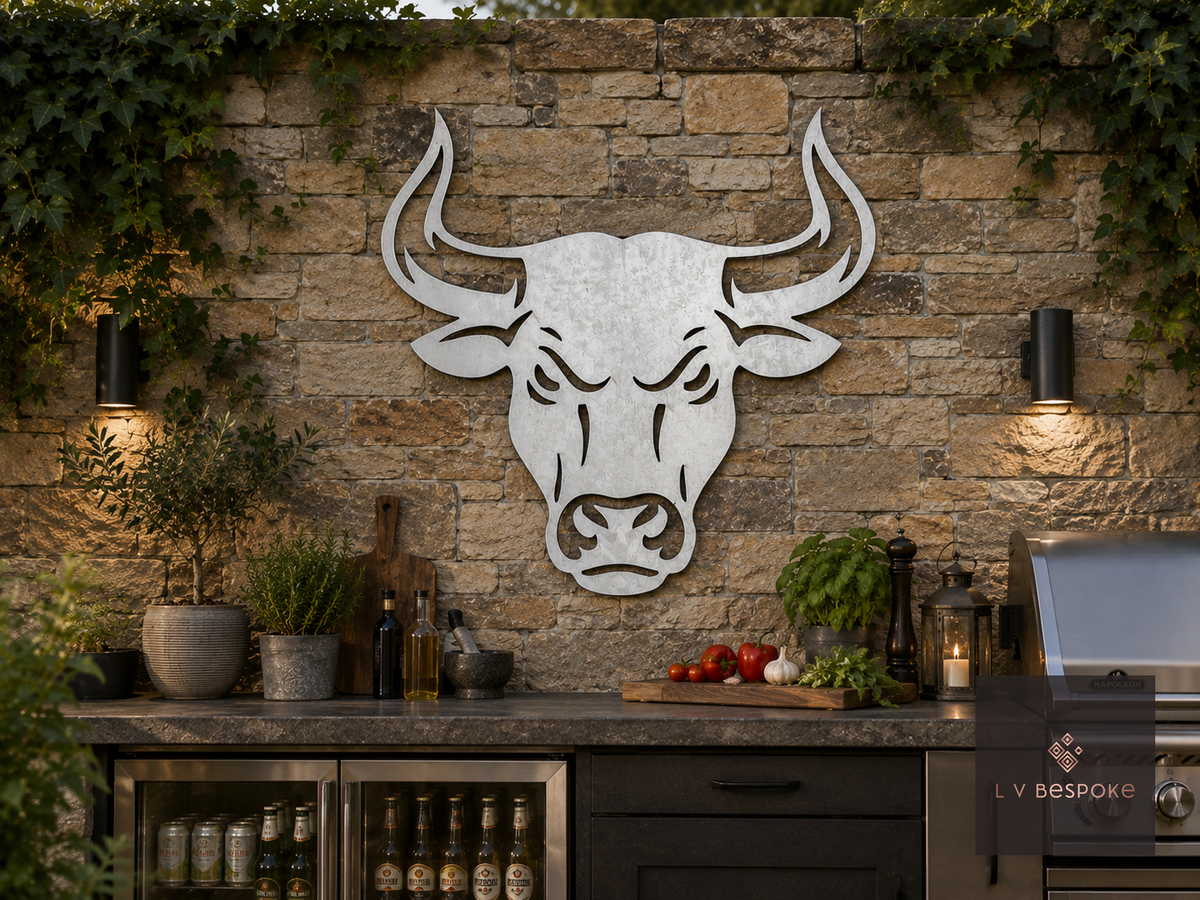 Raw steel Bull wall art on a garden wall or fence