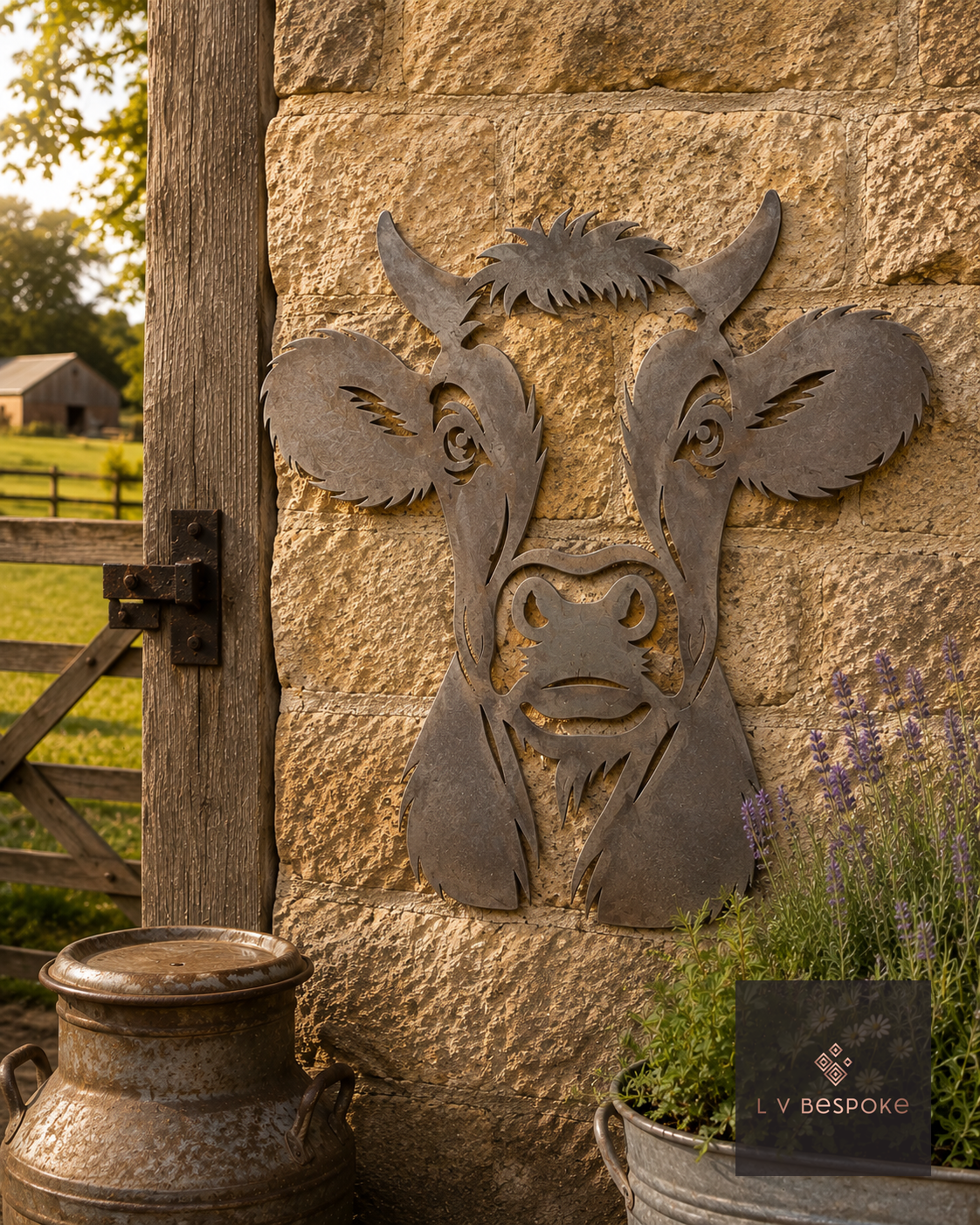 Raw steel Cow wall art on a garden wall or fence