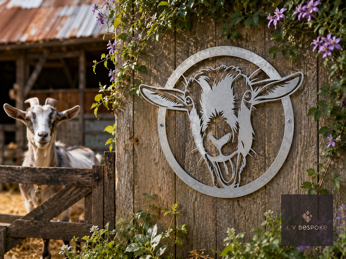 Raw steel Goat wall art on a garden wall or fence