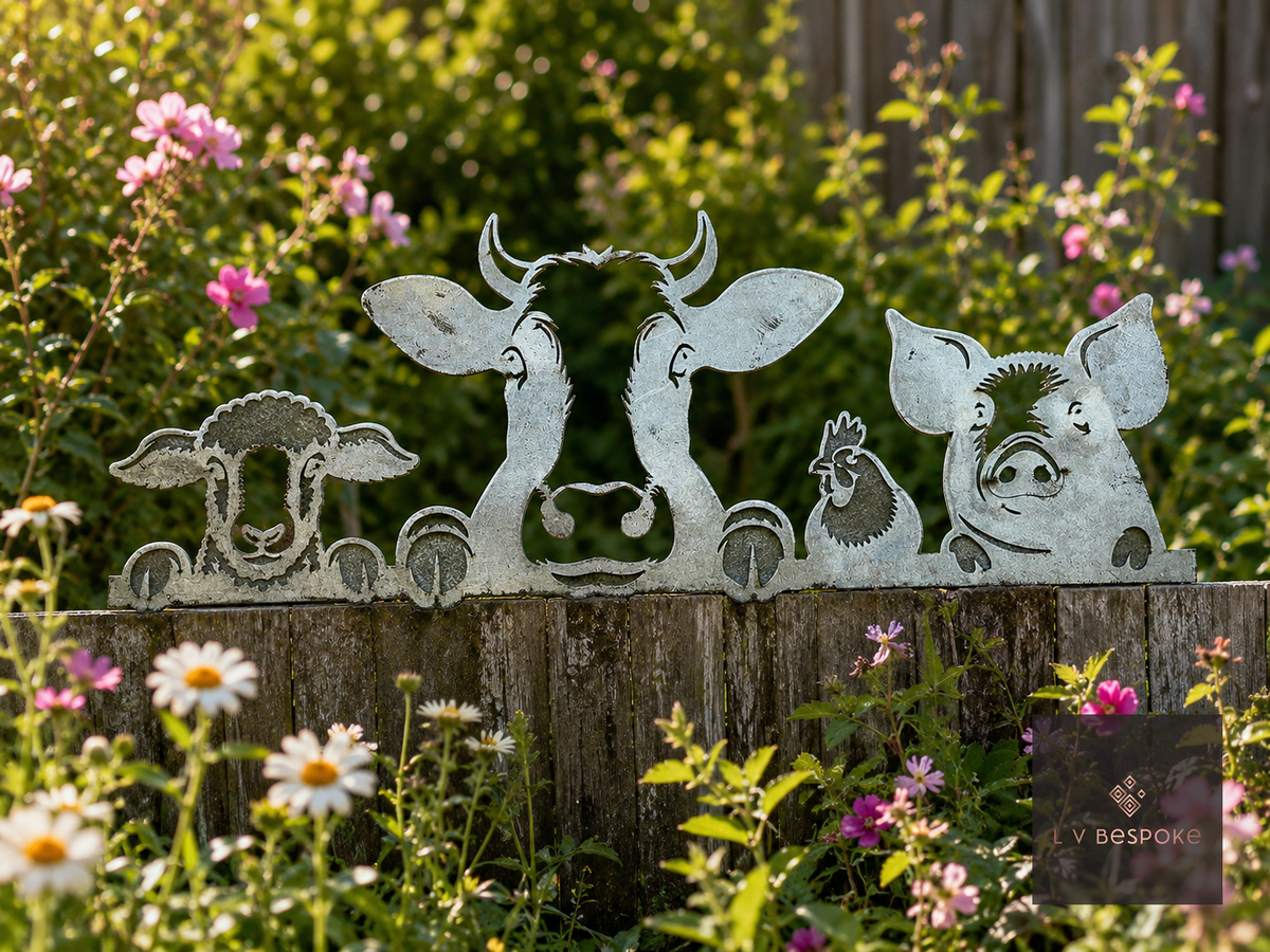 Raw steel Farmyard Animals (Fence Panel) wall art on a garden wall or fence