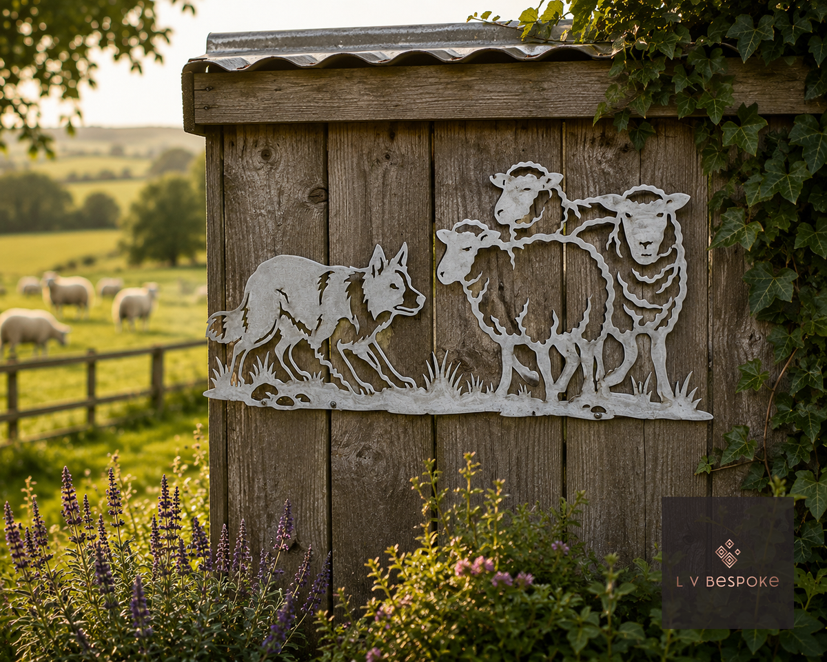 Raw steel Sheepdog & Sheep (Fence Panel) wall art on a garden wall or fence