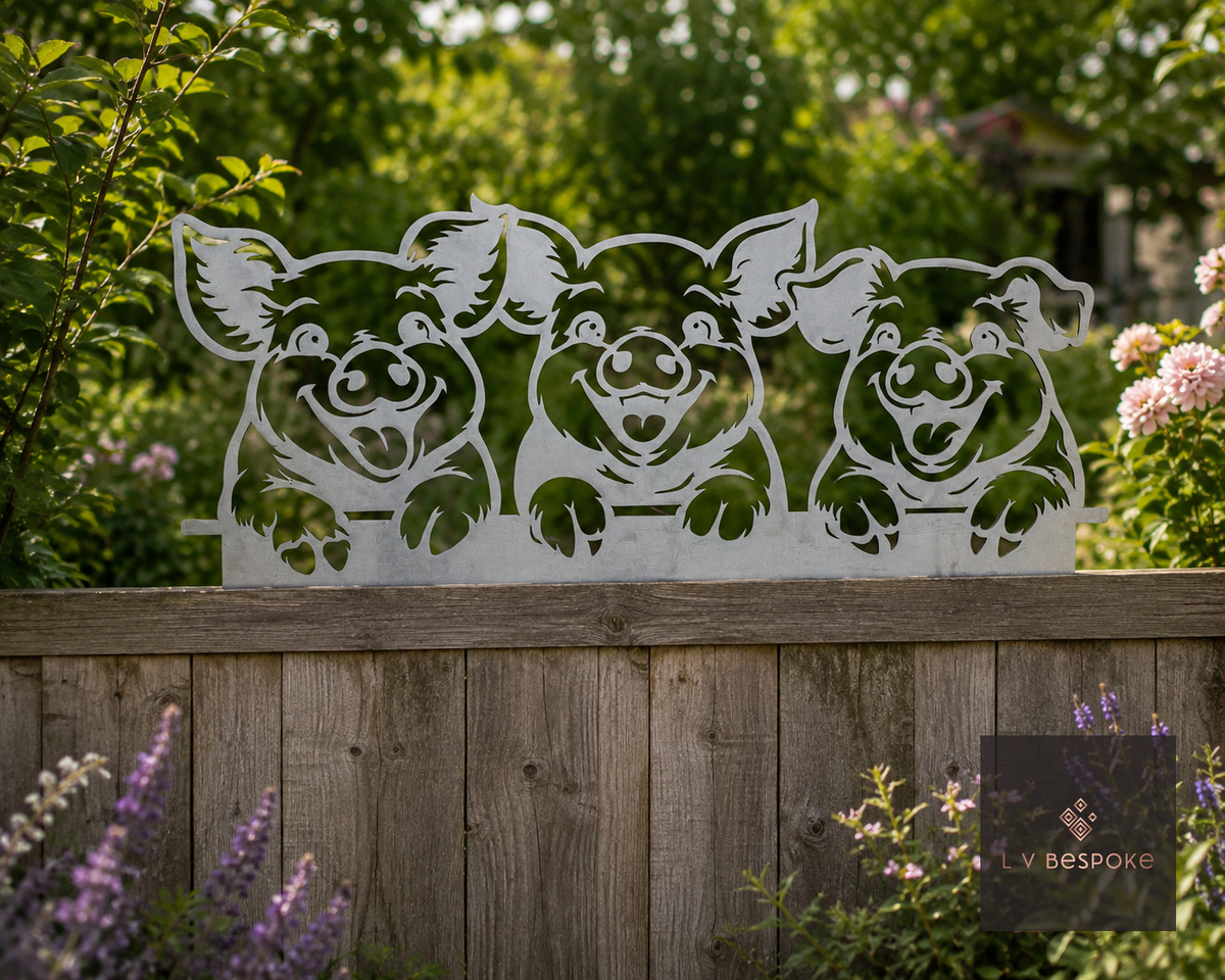 Raw steel Piglets (Fence Panel) wall art on a garden wall or fence