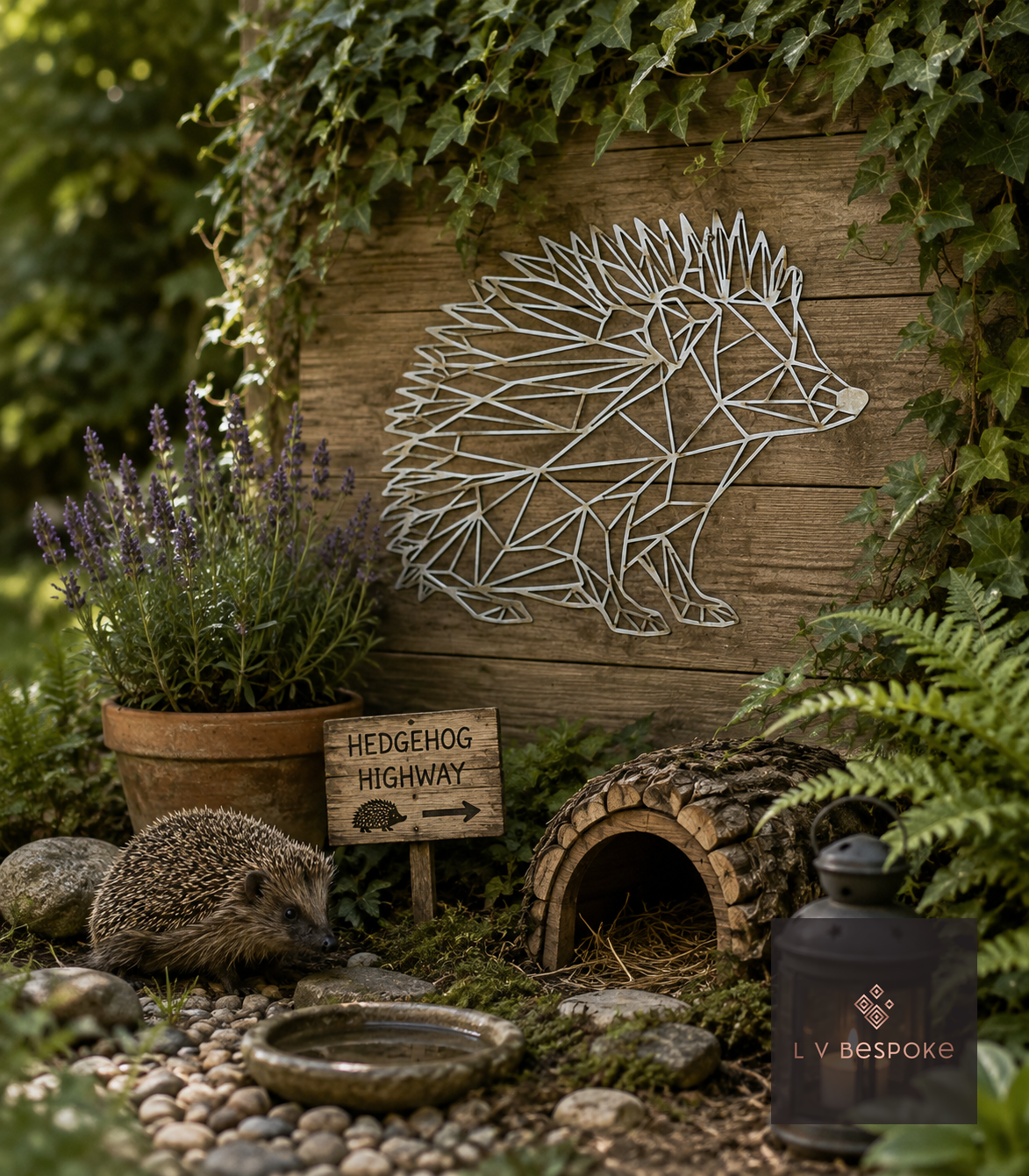 Raw steel geometric Hedgehog wall art hung on a garden wall