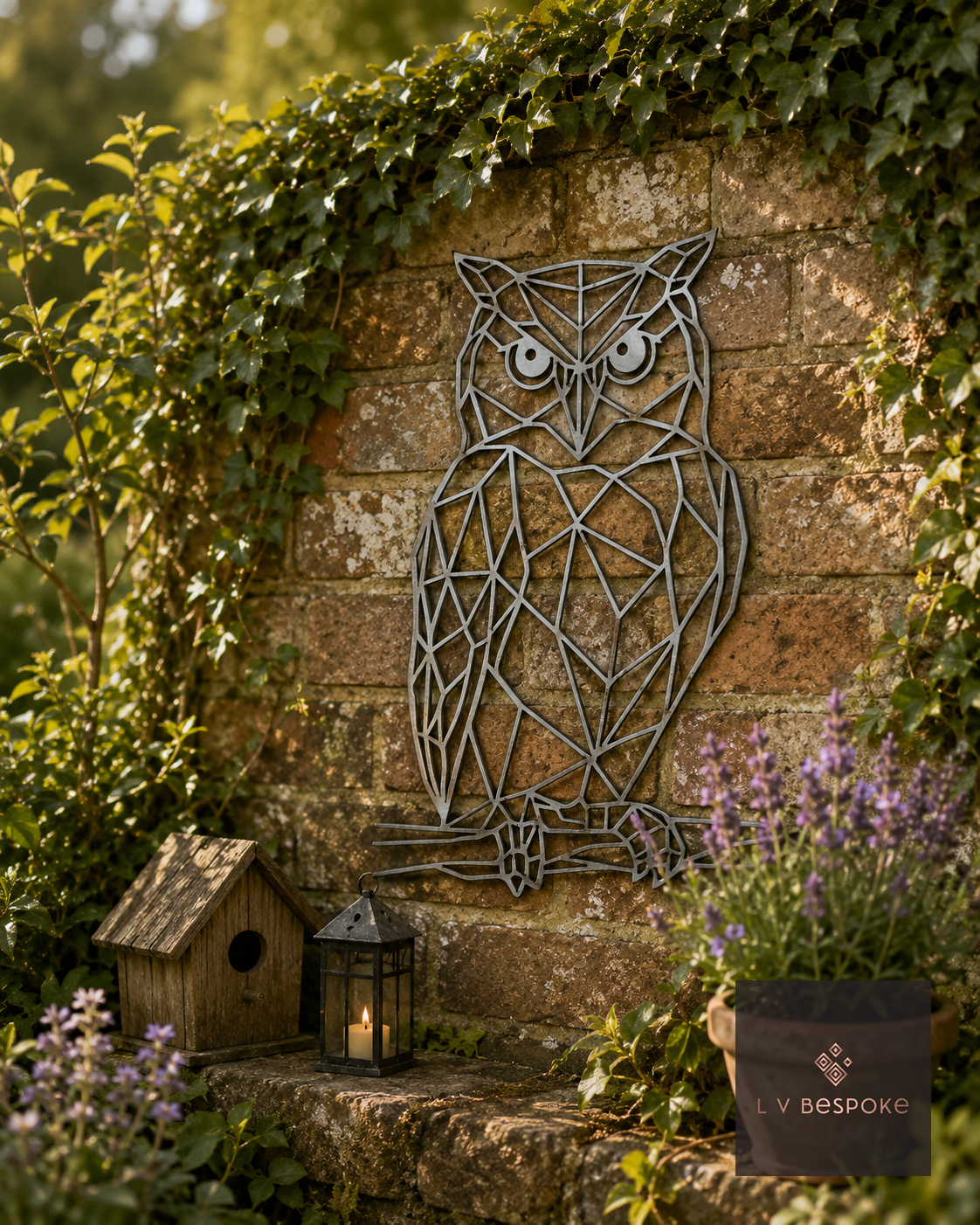 Raw steel geometric Owl wall art hung on a garden wall