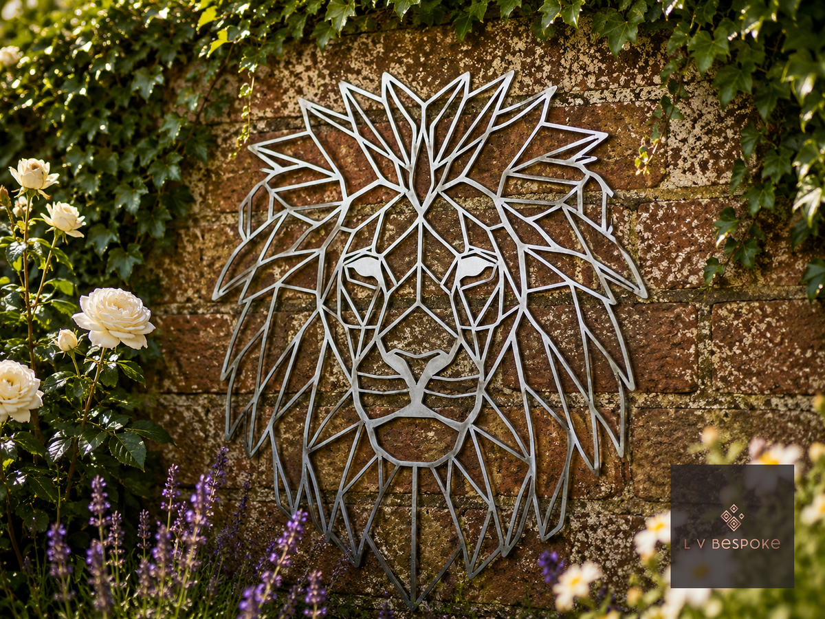 Raw steel geometric Lion wall art hung on a garden wall