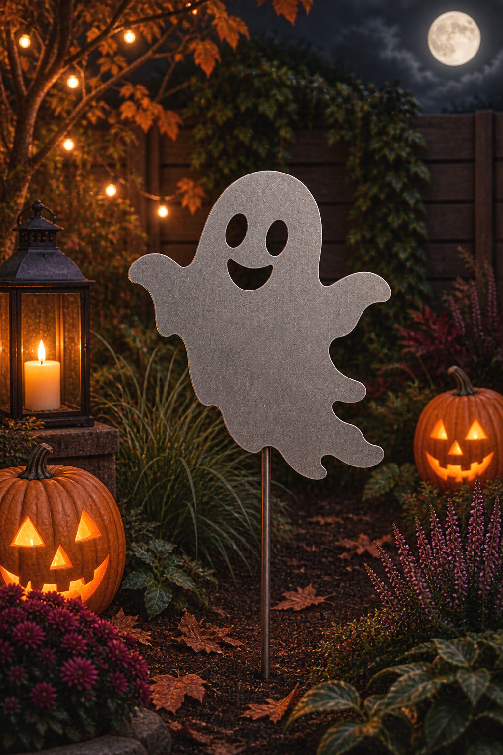 Raw steel ghost Halloween garden stake with cut out smiling face and wavy hem