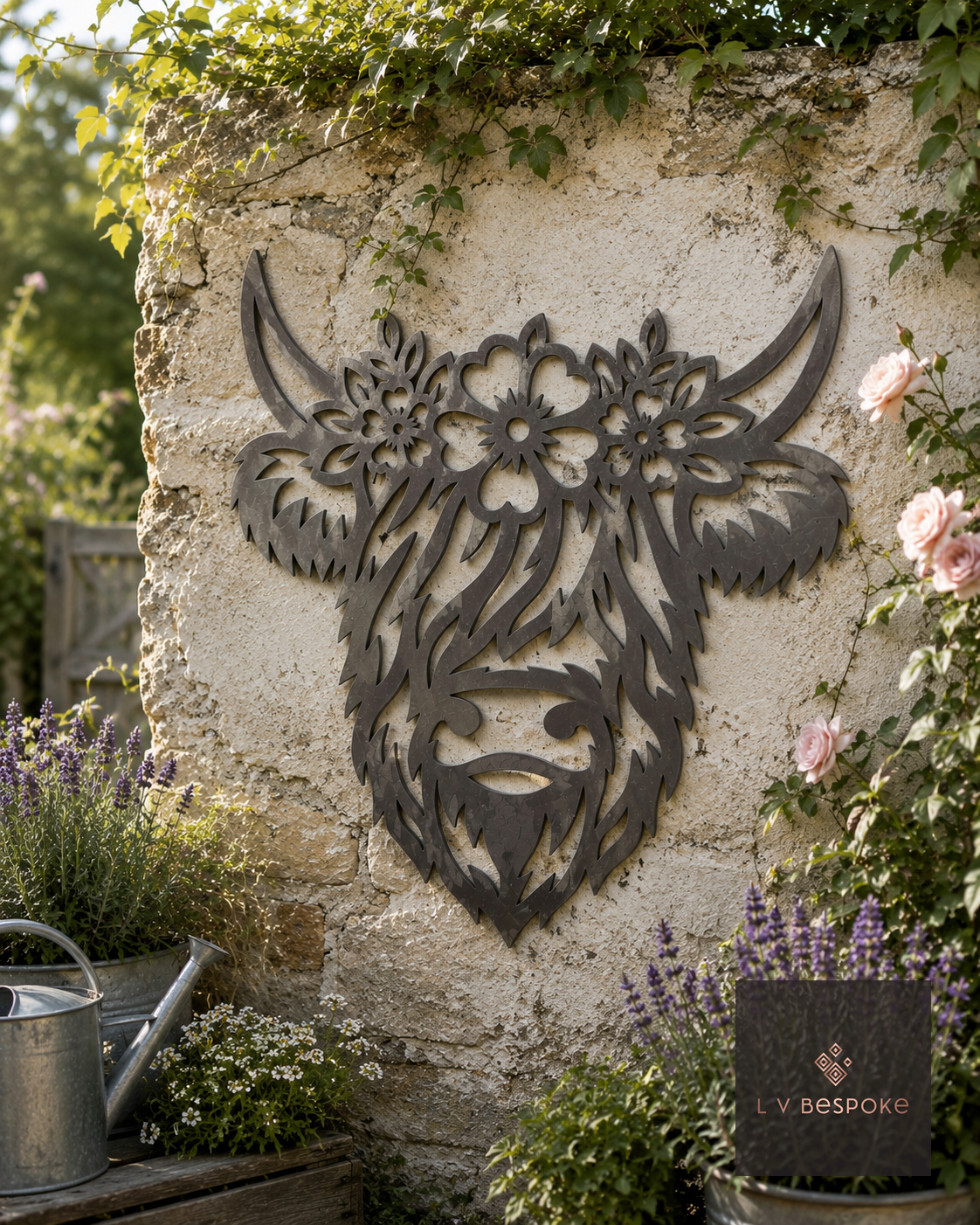 Raw steel Floral Highland Cow wall art on a garden wall