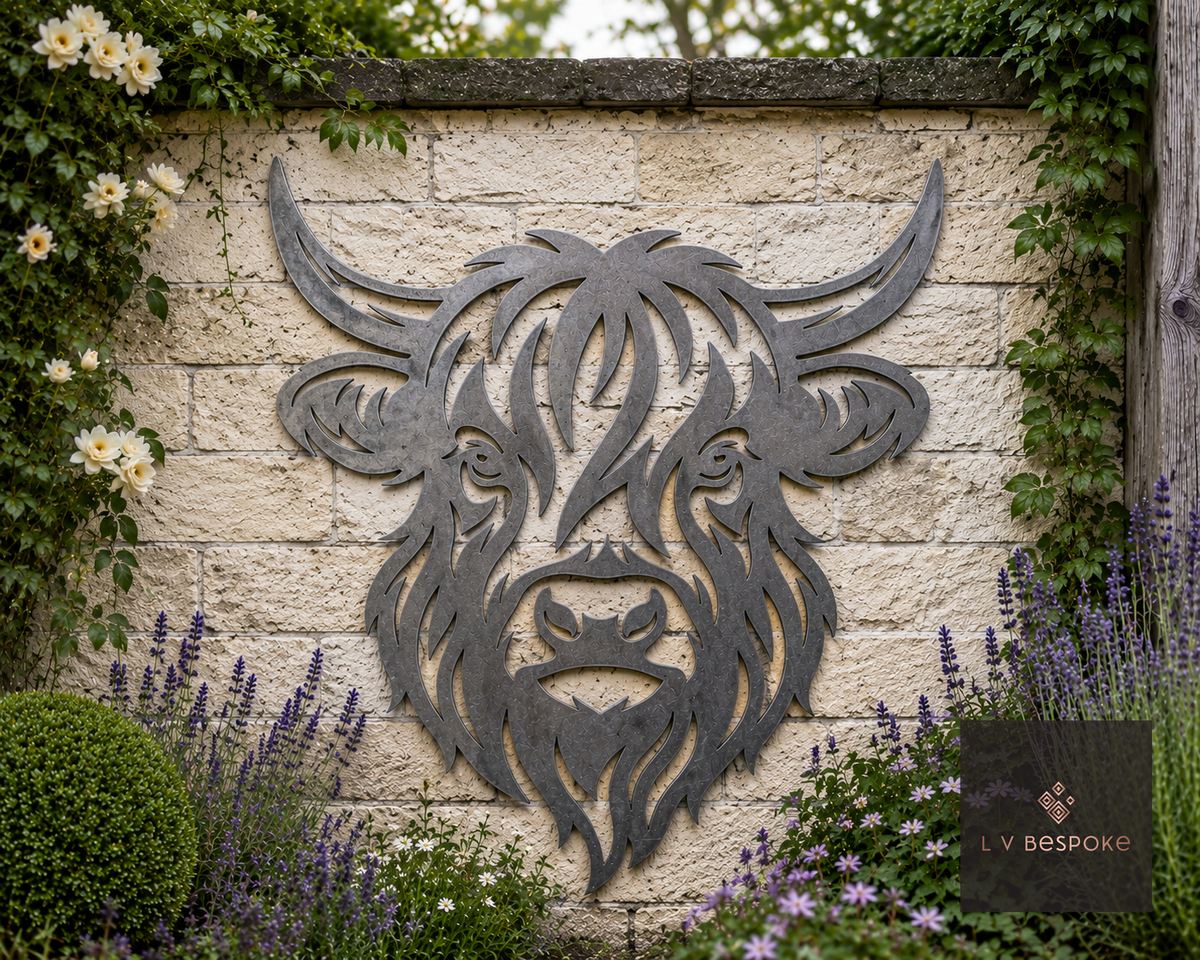 Raw steel Highland Cow Head wall art on a garden wall