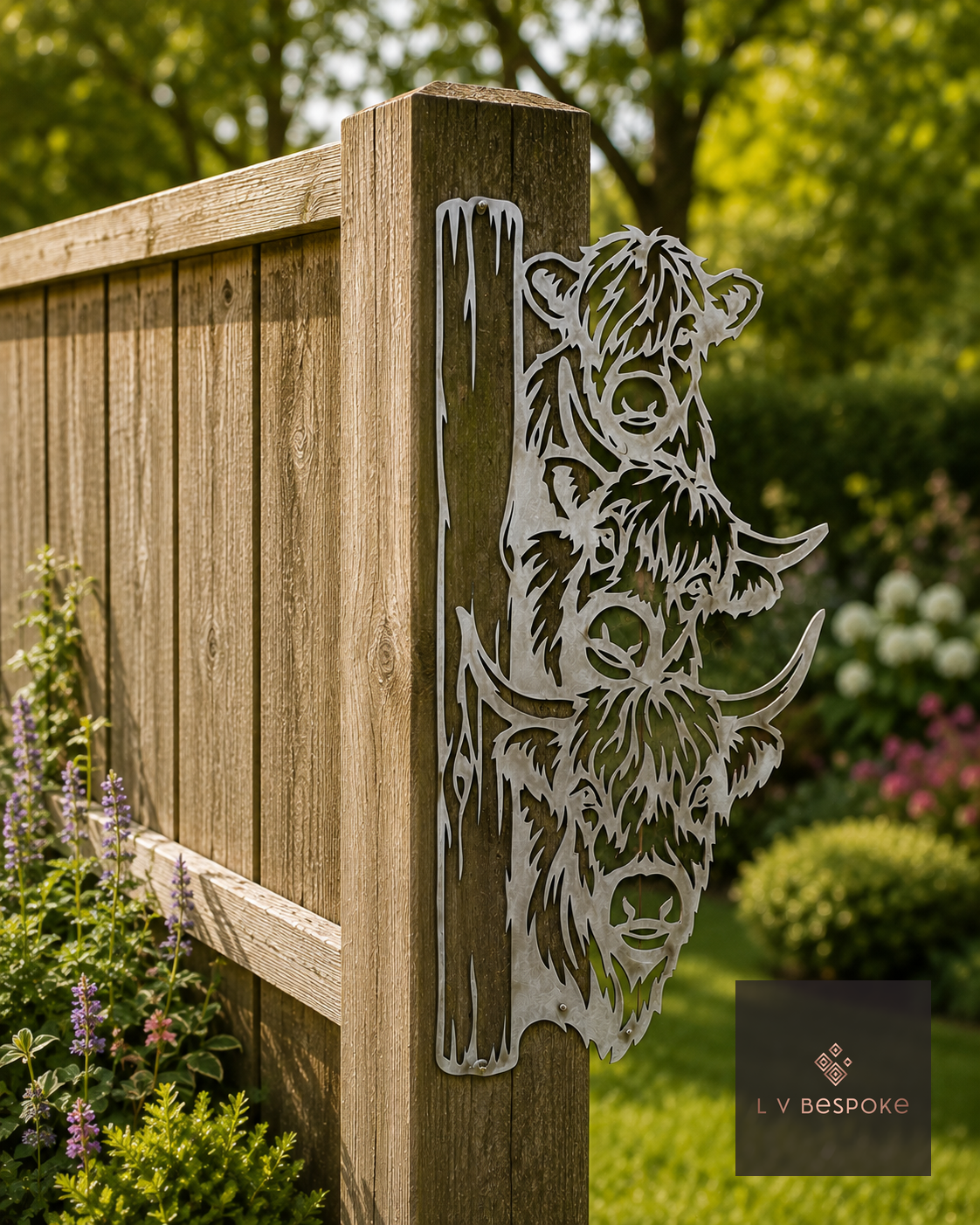 Raw steel Highland Cows Peeking wall art on a garden wall
