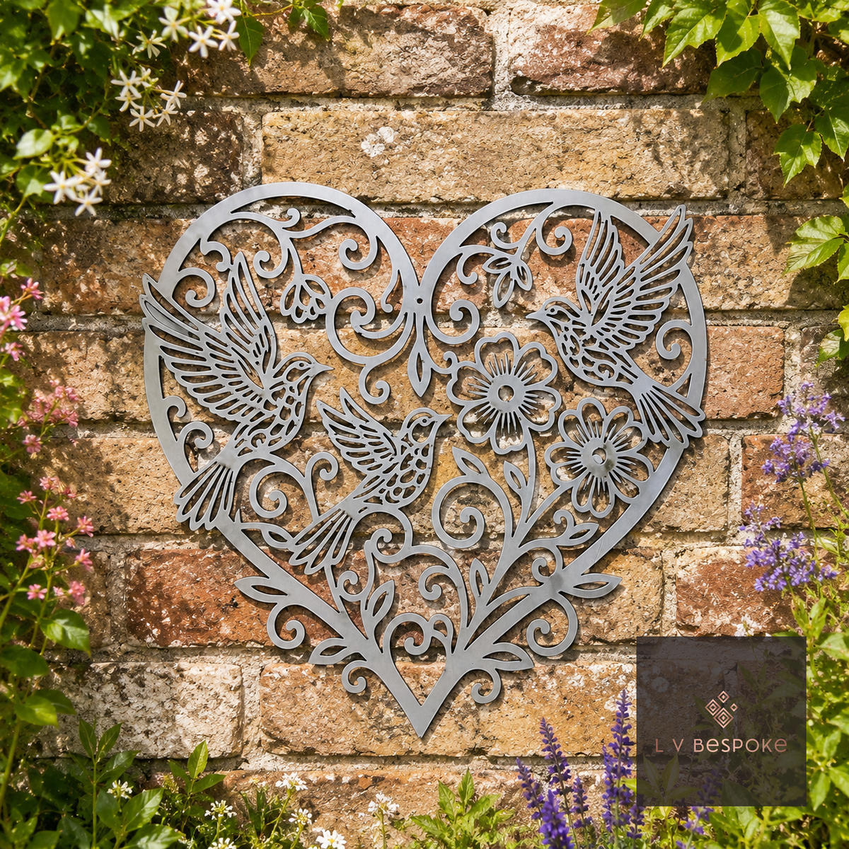 Raw steel Heart & Birds wall art hung on a garden wall