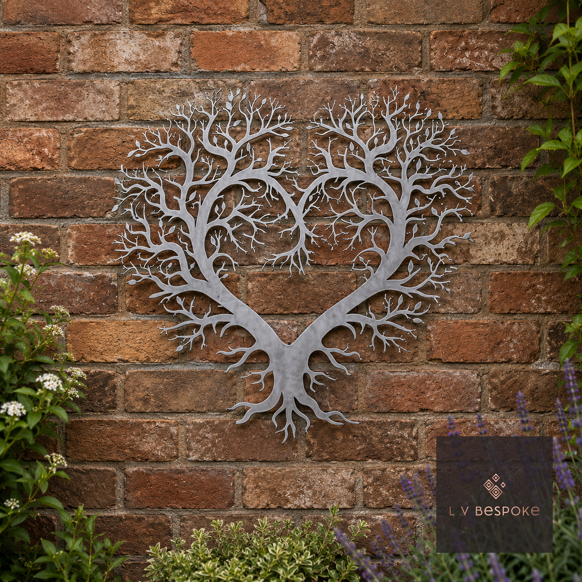 Raw steel Tree of Hearts wall art hung on a garden wall