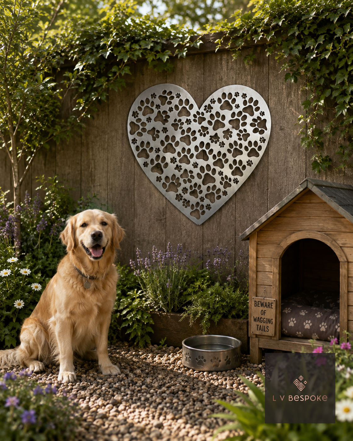 Raw steel Heart & Paw Prints wall art hung on a garden wall