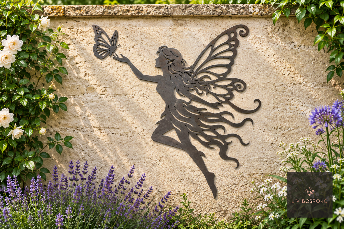 Raw steel Flying Fairy wall art hung on a garden wall
