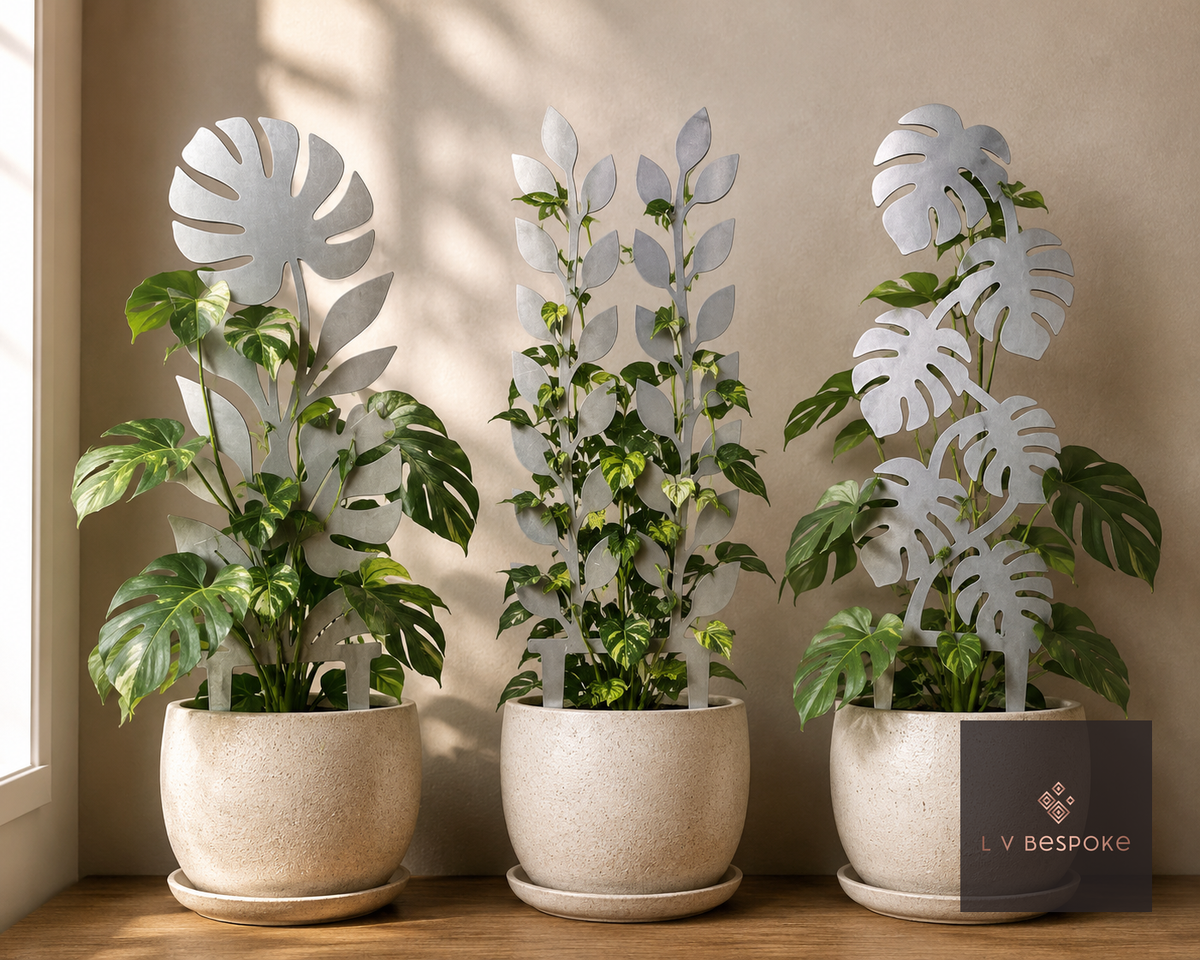 Steel indoor plant support in a houseplant pot