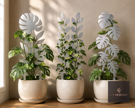 Steel indoor plant support in a houseplant pot